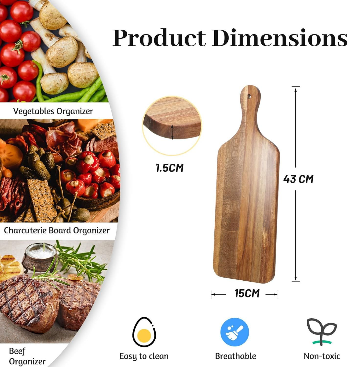 Bierofaro Acacia Wooden Chopping Board with Handle, Wooden Serving Board and Charcuterie Board with Hanging Hole, Cheese Board Decorative Food Platter for Kitchen, 44 * 15.5Cm Wood Design image number 2