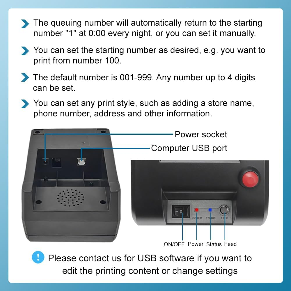 Ticket Dispenser Take a Number 57Mm Receipt Ticket Thermal Printer for Queue Can Edit Print Text via PC Show 3-Digits Waiting Number for Haunted House image number 4
