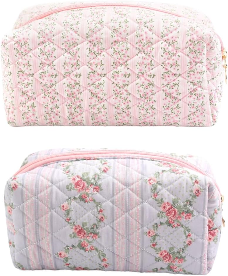 Floral Makeup Bag, Cute Quilted Makeup Toiletry Bag, Zipper Cosmetic Pouch, Daily Travel Use Skincare Bag, Multipurpose Organizer Bag, Blossom Blush Pink, Cute