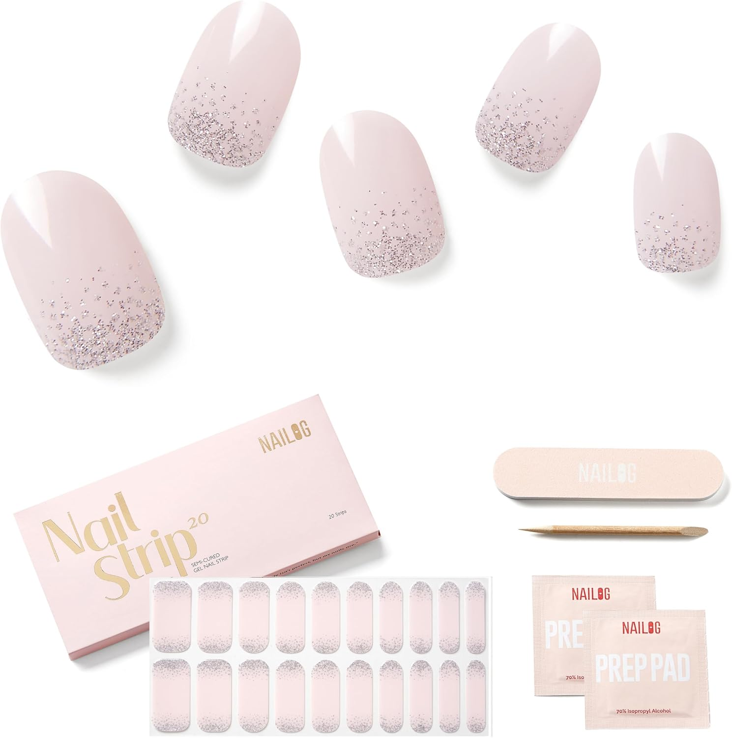 NAILOG Semi Cured Gel Nail Strips (20 Extra Long Stickers/Wraps) | Glossy & Long Lasting Soft Gel Finishing -Rosy Veil - Bicerin image number 6