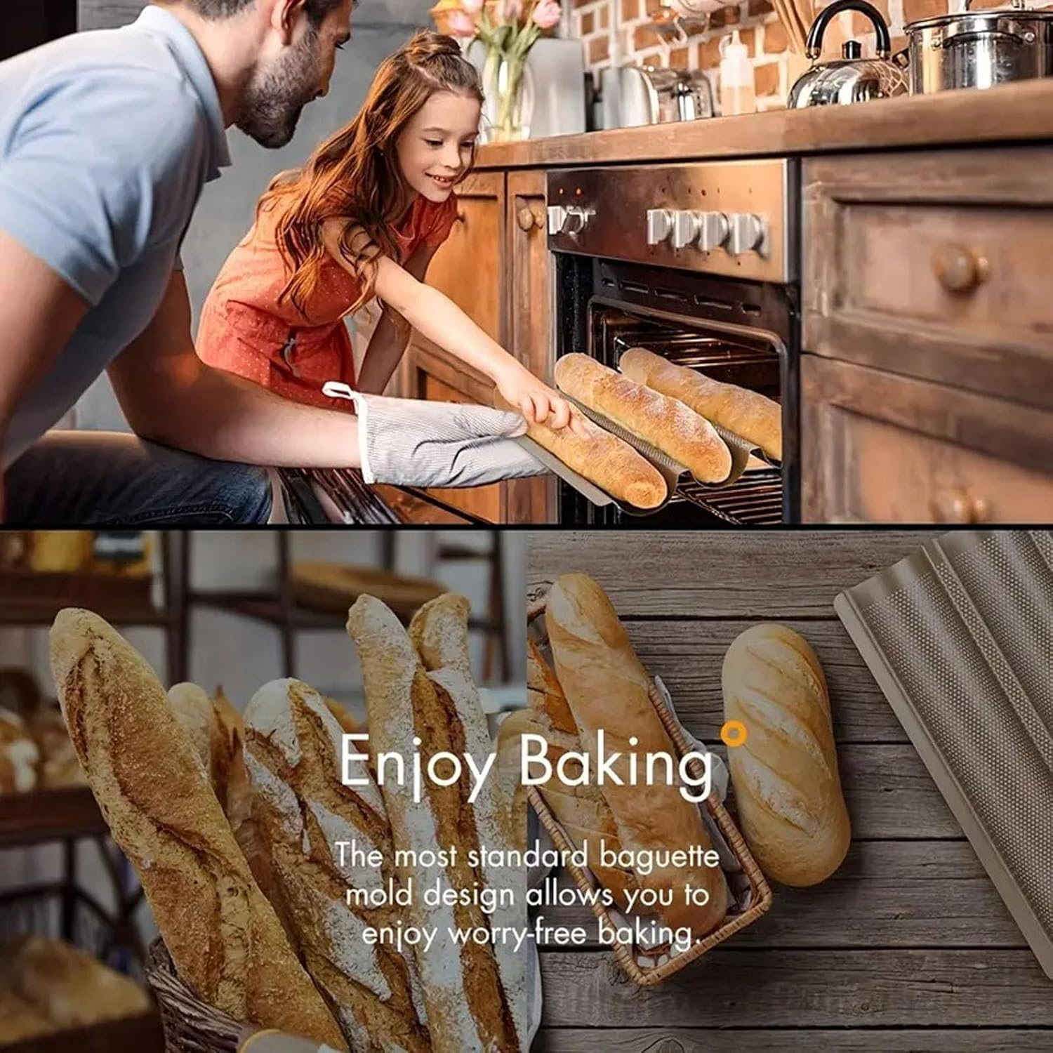 Nonstick Perforated Baguette Pan - 15" X 11" French Bread Baking Pan with 3 Wave Loaves, Perfect for Oven Toaster, Baking Mold, and Cooking Bakers - Durable Non-Stick Surface image number 6