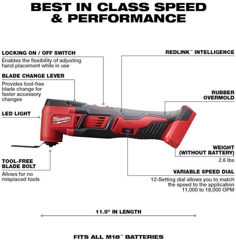 Milwaukee 2626-20 M18 18V Lithium Ion Cordless 18,000 OPM Orbiting Multi Tool with Woodcutting Blades and Sanding Pad with Sheets Included (Battery Not Included, Power Tool Only) image number 1