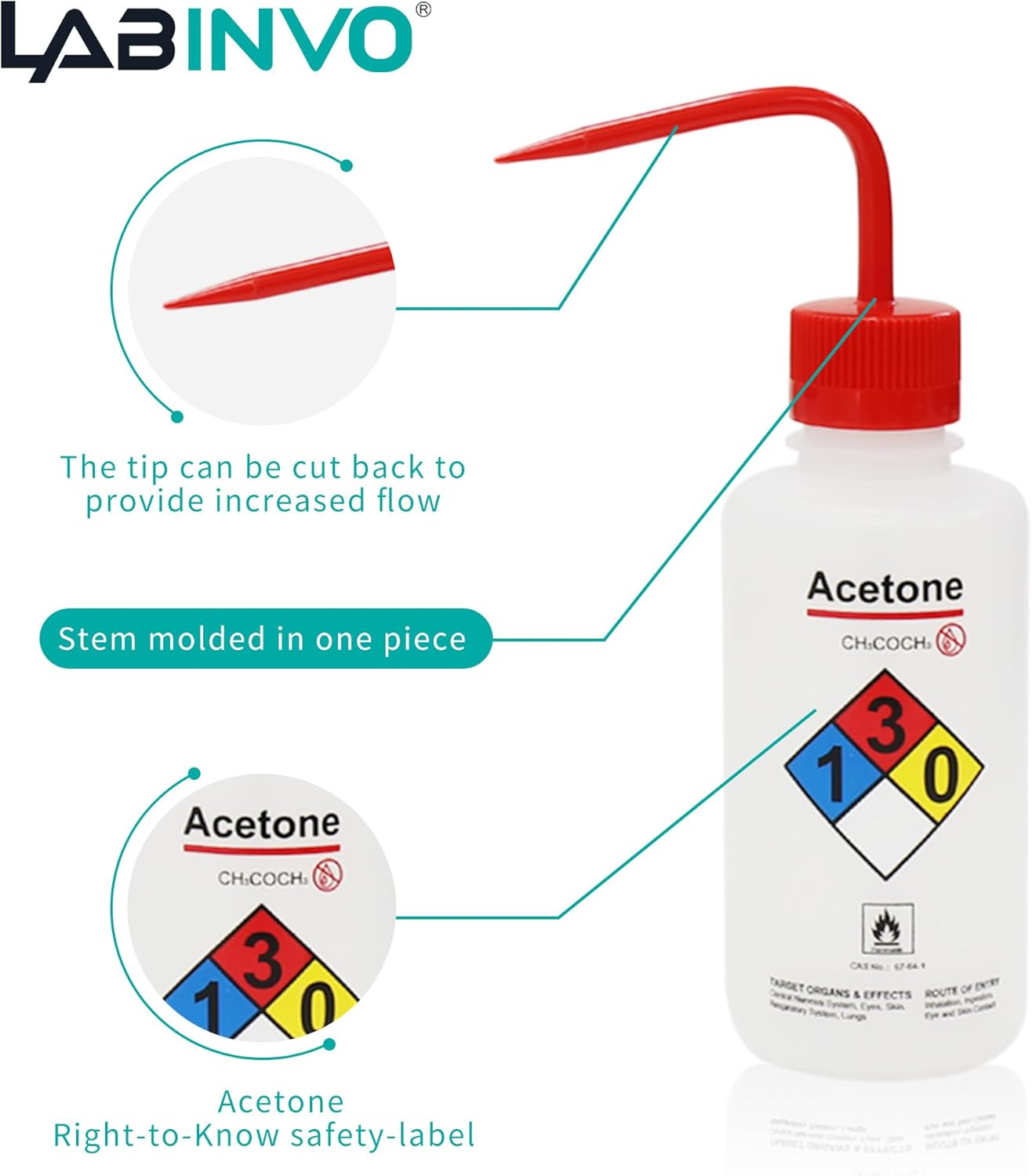 Acetone Wash Bottle, 1PC of Vol.500Ml (17Oz), Narrow Mouth, Self-Venting Safety Wash Bottle, LDPE Material, IN-WBA501 image number 5