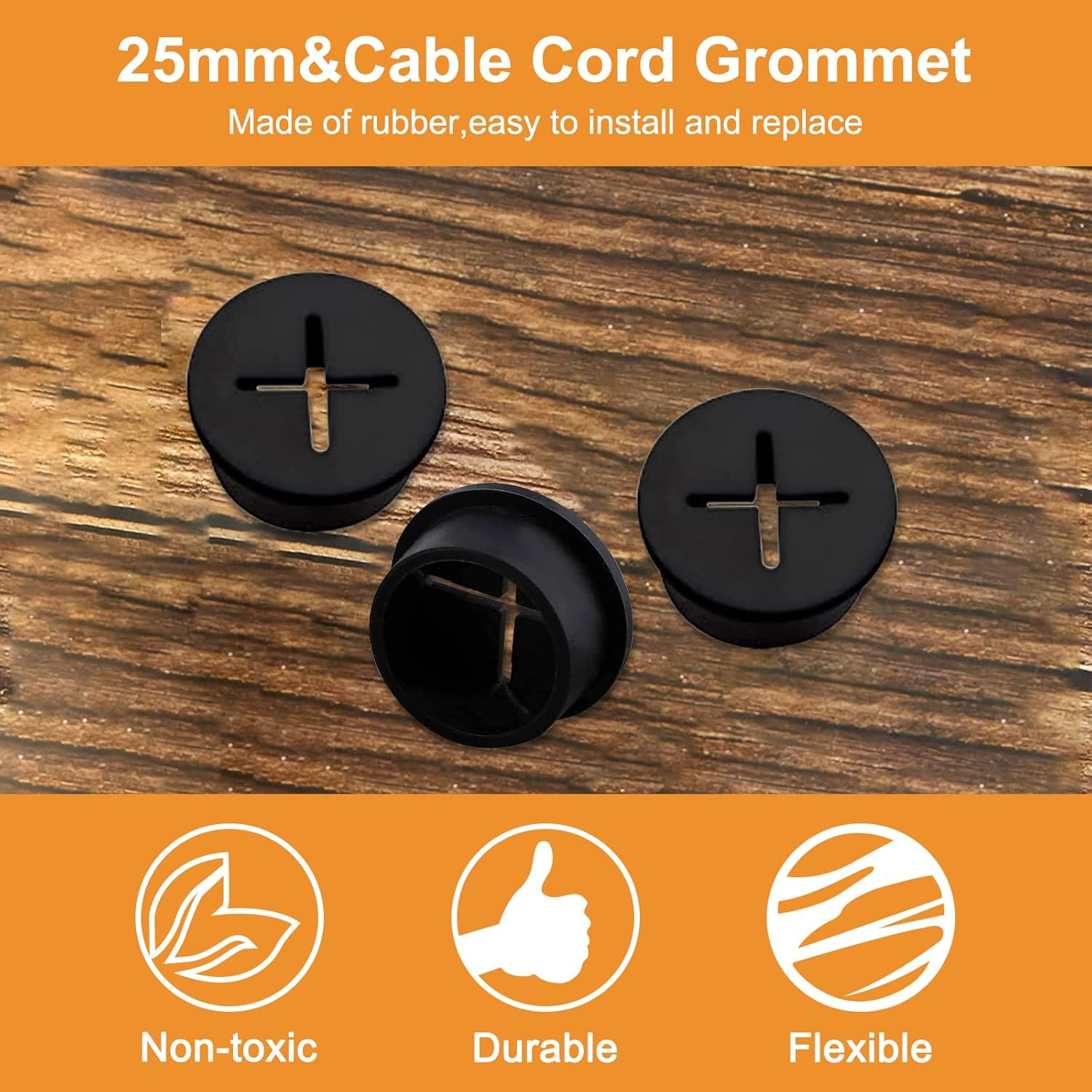 MOROBOR Flexible Silicone Cable Cord Grommet, 20Pcs 25Mm Black Rubber Grommets for Desk, Table, Wire Hole Cover Cable Management Wire Organizer image number 3