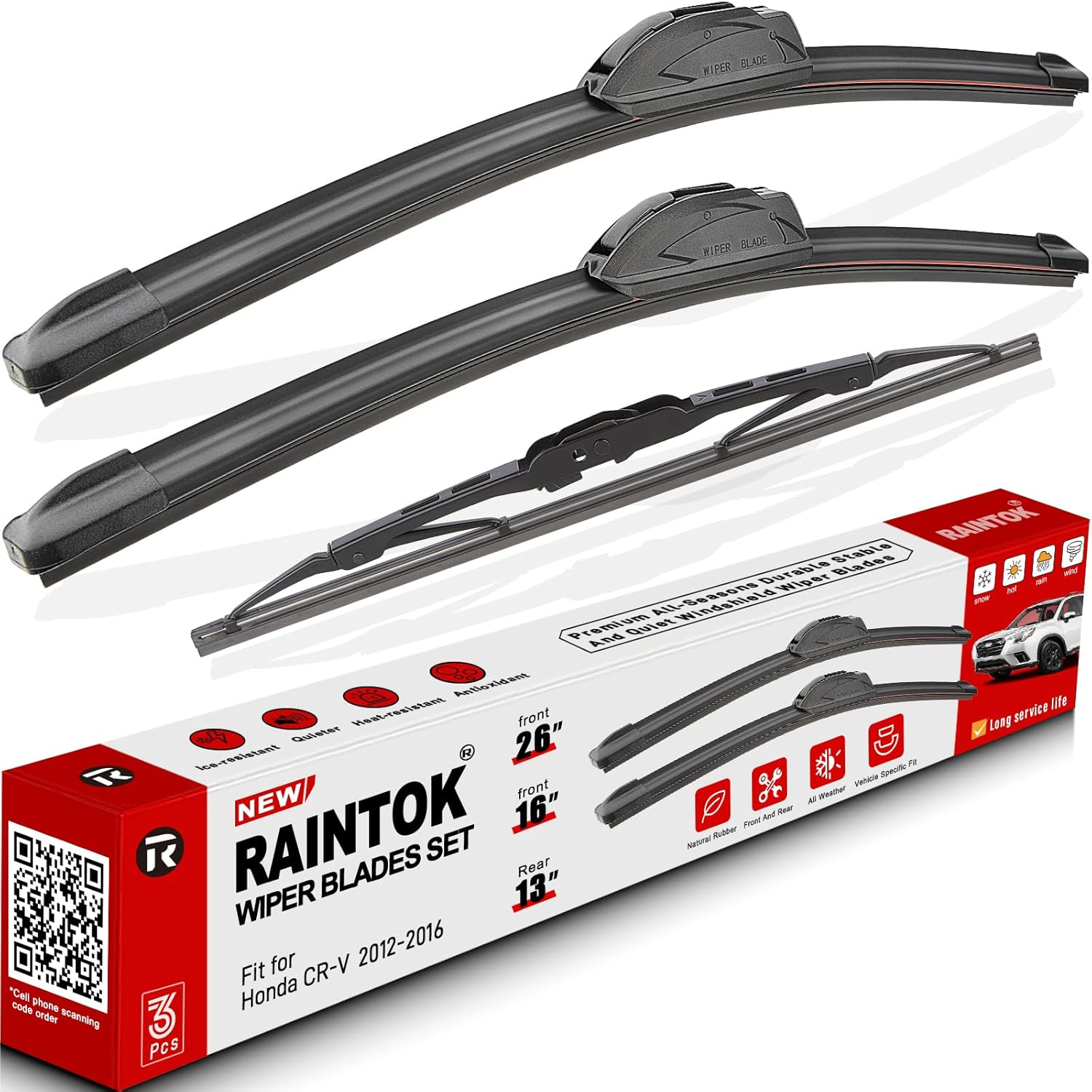 Windshield Wiper Blade Set Replacement for 2012-2016 Honda CRV CR-V and Rear Windshield Wiper Blade 26'' 16'' 13''-(Set of 3) U/J Hook image number 3