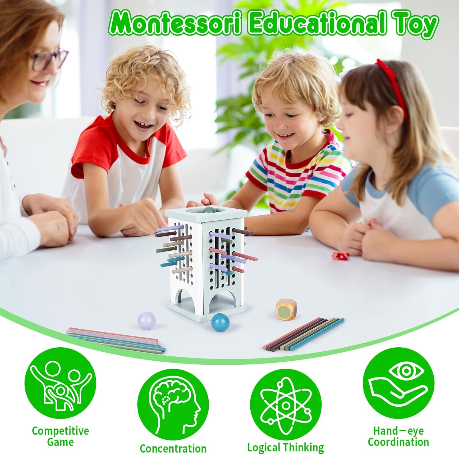 Math Learning Board Game for Kids & Family | Fine Motor Skills Toys with Wooden Sticks, Dice & Colorful Balls | Educational STEM Toy for Boys and Girls Ages 4-8 (Macaron Color) image number 4