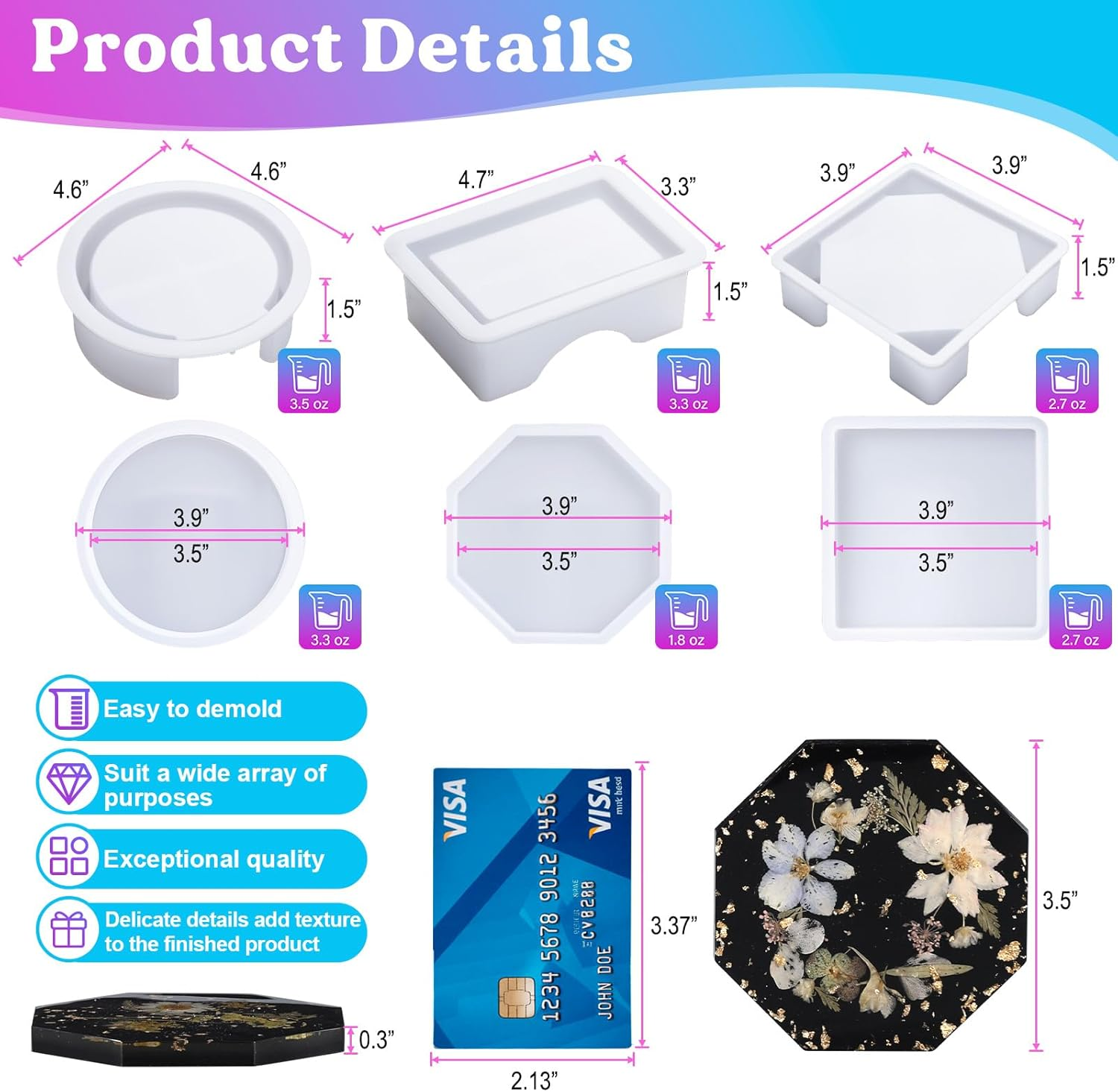 LET'S RESIN 18 Pcs Coaster Resin Molds Silicone, Coaster Molds with round Square Octagon Shape Holder Molds for Epoxy Resin, DIY Art Craft Cup Mats image number 4