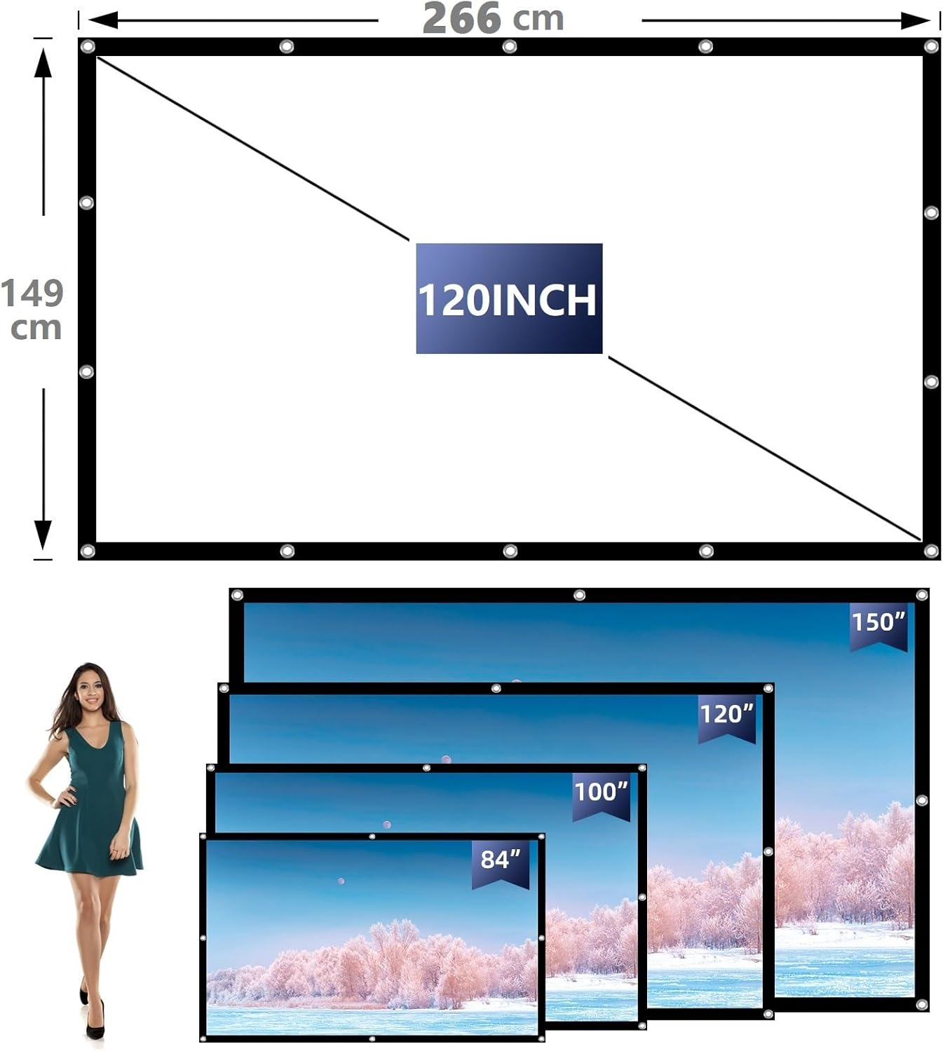 Projector Screen 120 Inch Indoor Outdoor Portable Movie Screen 16:9/Foldable/Anti-Crease Projection Screen for Home Theater Support Double Sided Projection with Nail Hooks and Portable Bag (120 INCH)