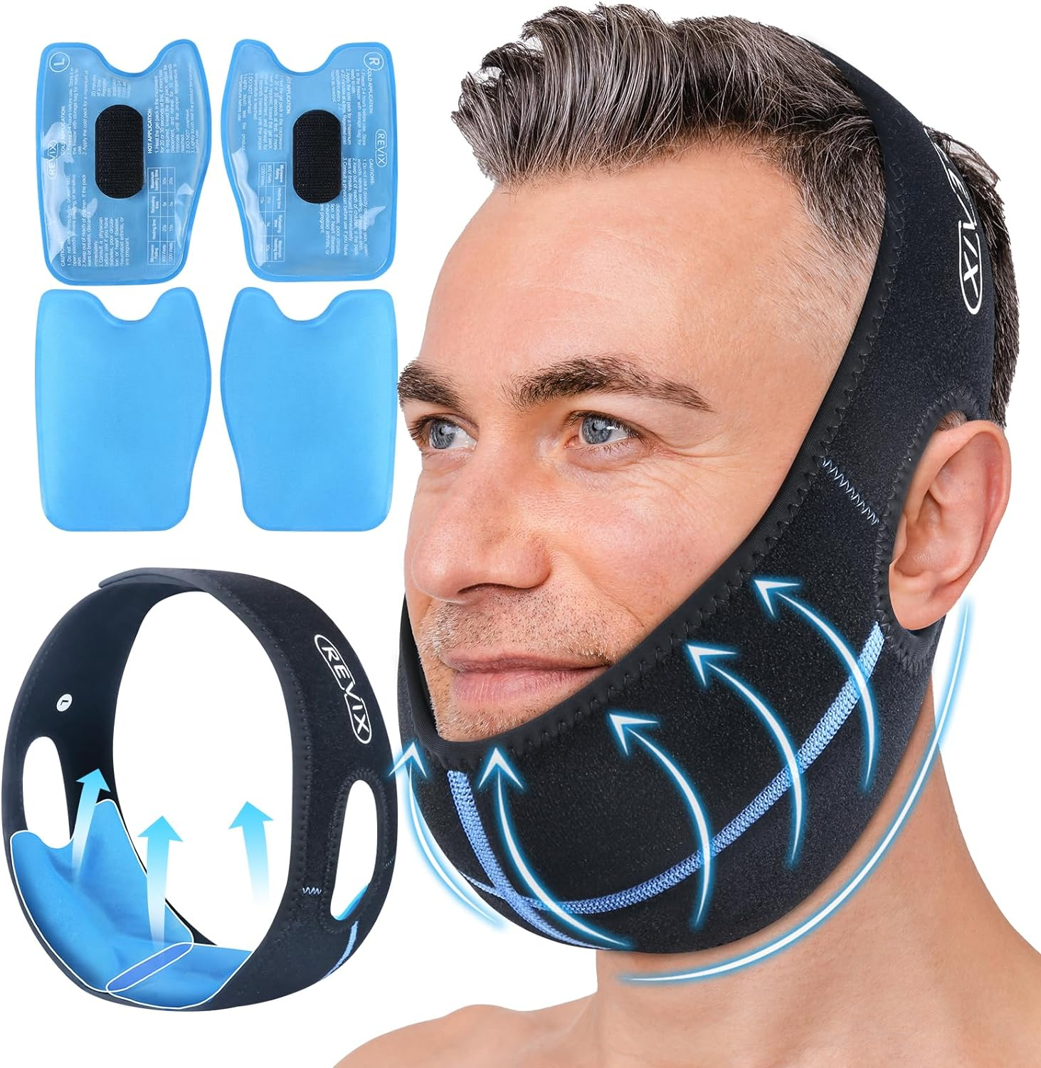 REVIX Wisdom Teeth Ice Pack Head Wrap with 3D Sewing Jaw Ice Pack for Face Oral Surgery Pain Relief for TMJ, Tooth Extraction & Teeth Removed, Extra Snug Fit with 4 Hot Cold Gel Packs Reusable, Black