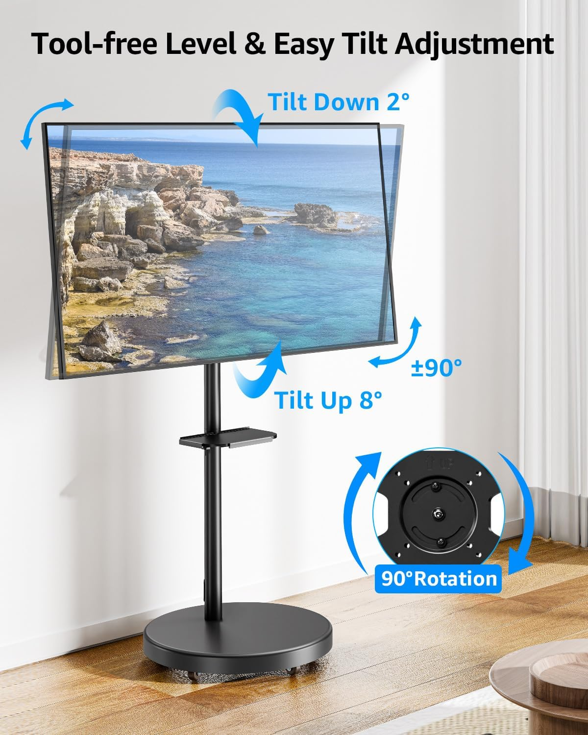 MOUNTUP Rolling Mobile TV Cart for 32-65 Inch Tvs, Rotatable Floor TV Stand Compatible with the Frame Tvs - 90&deg; Landscape to Portrait, Height Adjustable TV Cart on Wheels, Max VESA 400X400Mm, MU1109-B image number 4