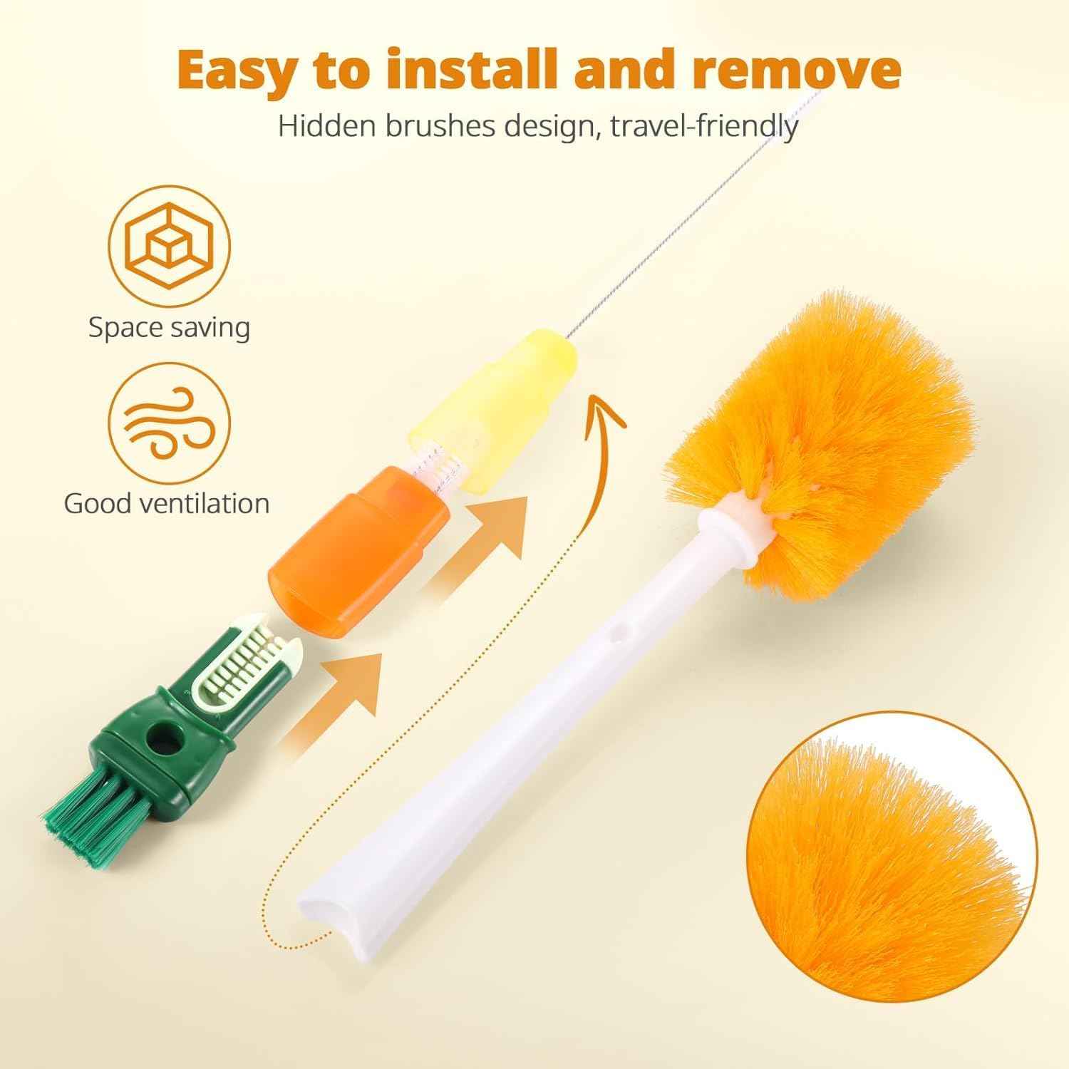 Multifunctional 4 in 1 Water Bottle Cleaning Brush Set - Premium Brush for Bottles, Straws, and Small Spaces - 2025 New Cleaning Brush Assembly (Orange) - Green image number 7
