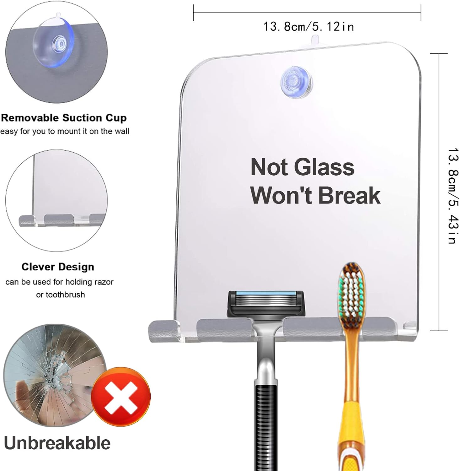 Shower Mirror Travel Mirror Unbreakable Portable Shaving Mirror, Hanging Razor Toothbrush, Square image number 4