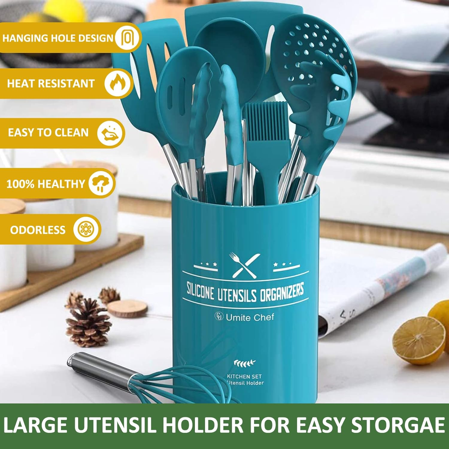 15 Pcs Silicone Cooking Utensils Kitchen Utensil Set - Umite Chef 446&deg;F Heat Resistant Stainless Steel Handles Kitchen Gadgets Tools Set for Nonstick Cookware(Blue) image number 2