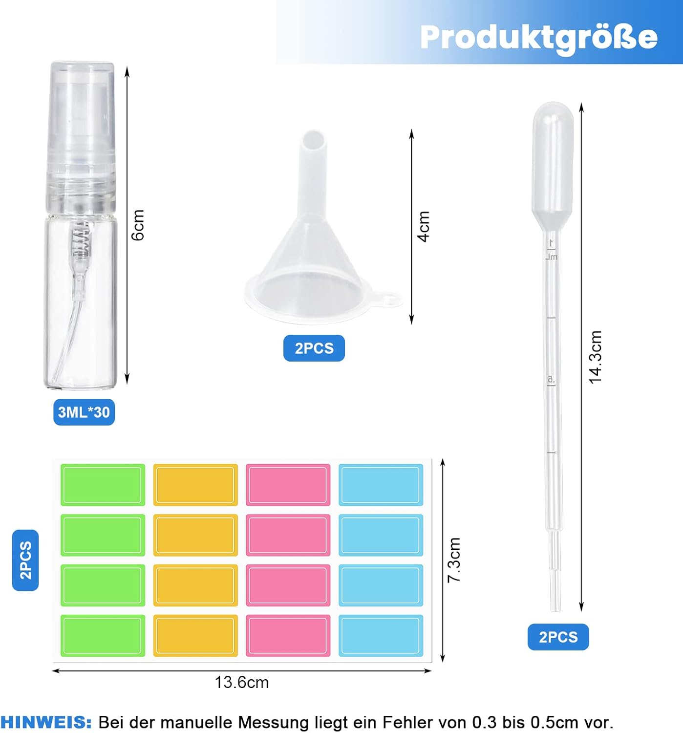 Suruikei Pack of 30 3 Ml Perfume Atomiser Glass Mini Spray Bottle Small Atomiser Refillable with Funnel Pipettes and Label Stickers Perfume Atomiser for on the Go (30 X 3 Ml, Transparent) image number 1