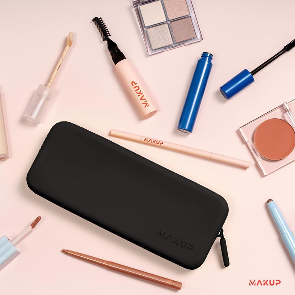 MAKUP Silicone Makeup Bag, Makeup Brush Holder with Zipper for Organizing Cosmetics, Makeup Brushes, Tools and Pencils, Washable Makeup Brush Holder Pouch for Travel (Black Out) image number 1