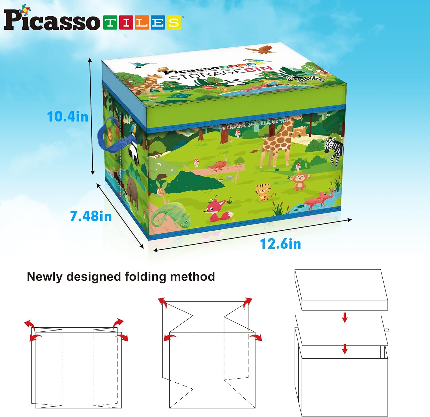 Picassotiles Foldable Toy Storage Chest Box Forest Animal Theme Magnet Tile Organization Bin with Lid and Handles Magnetic Tiles Playroom Organizer STEM Early Educational Toys Boys Girls Ages 3+ PTA34 image number 3