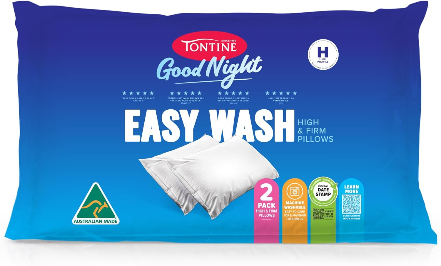 Tontine Good Night Easy Wash Pillow &ndash; High Profile, Firm Support for Extra Comfort &ndash; Ultrafibre Fill, Cotton Cover &ndash; Anti-Bacterial, Machine Washable &ndash; Australian Made &ndash; 2 Pack image number 2