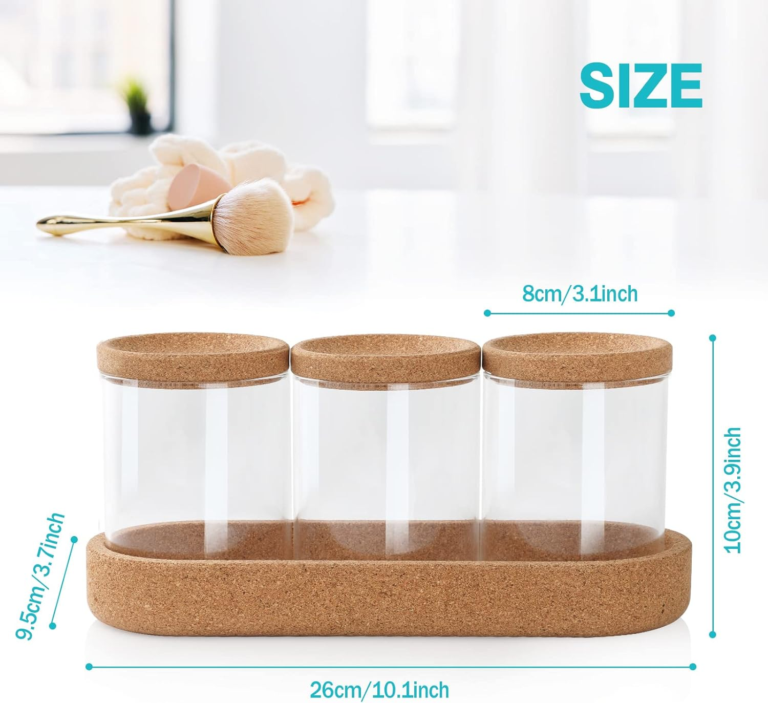 Anhow 3 Pack Qtip Holder Dispenser, Makeup Organizer with Cork Lids and Cork Pallet Cosmetic Display Cases Cotton Pad Dispenser for Cotton Ball, Cotton Swab, Cotton round Pads, Floss - Clear - Transparent image number 5