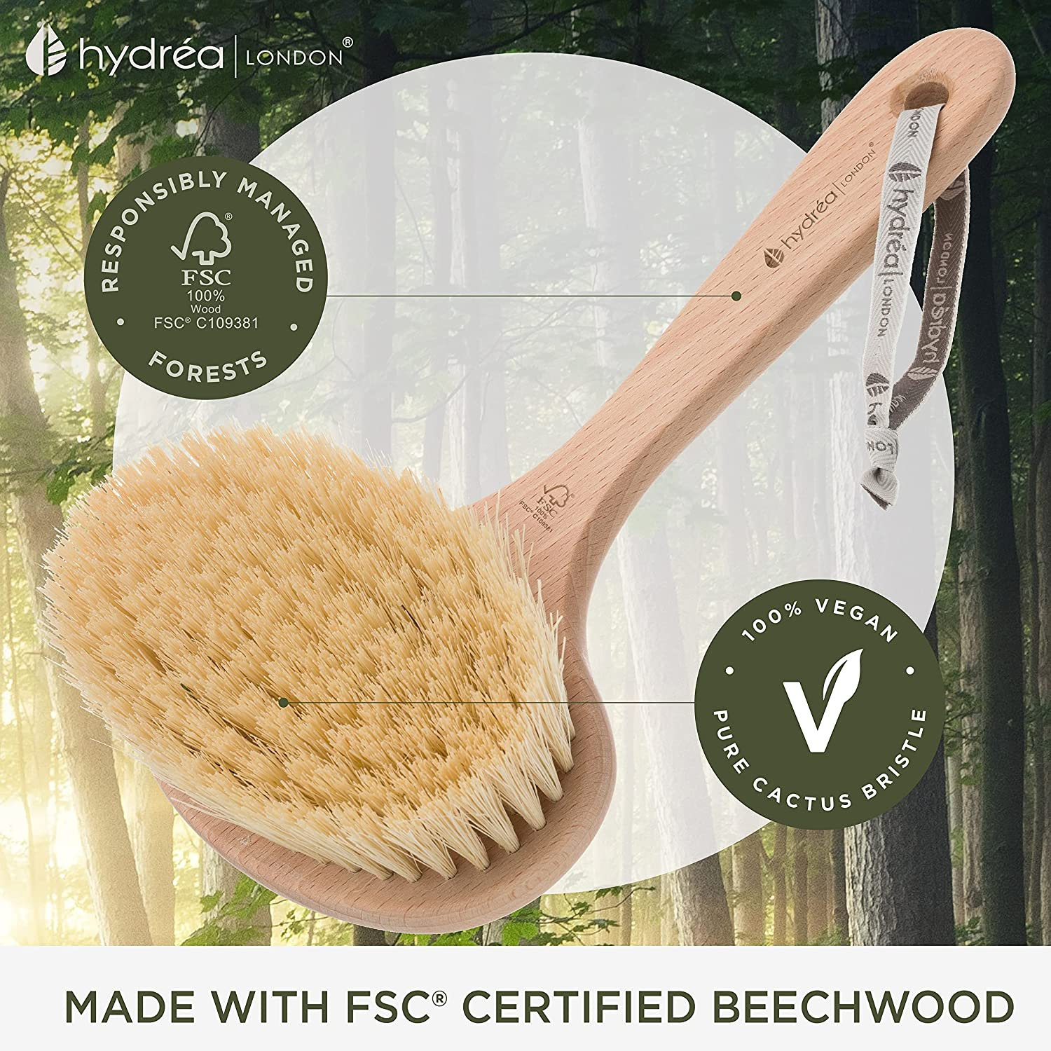 Hydrea London Professional Dry Skin Detox Body Brush with Extra Long Cactus Bristles (Hard Strength) FSC Beechwood, 167 Grams image number 2