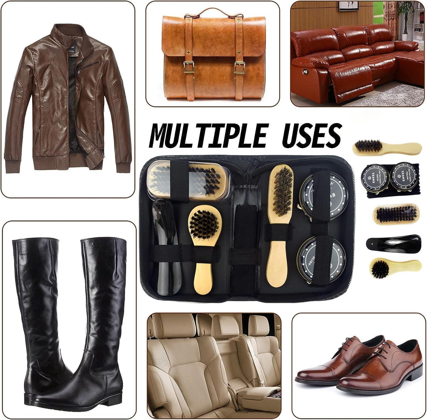 8 PCS Shoe Polish Kit,Portable Travel Shoe Shine Brushes Set with Zipper Bag Care Shoe Shine Tools,Design for Long Use,Practical Cleaning Applicator for Shoes/Wallets/Car Seats/Furniture - Brown image number 4