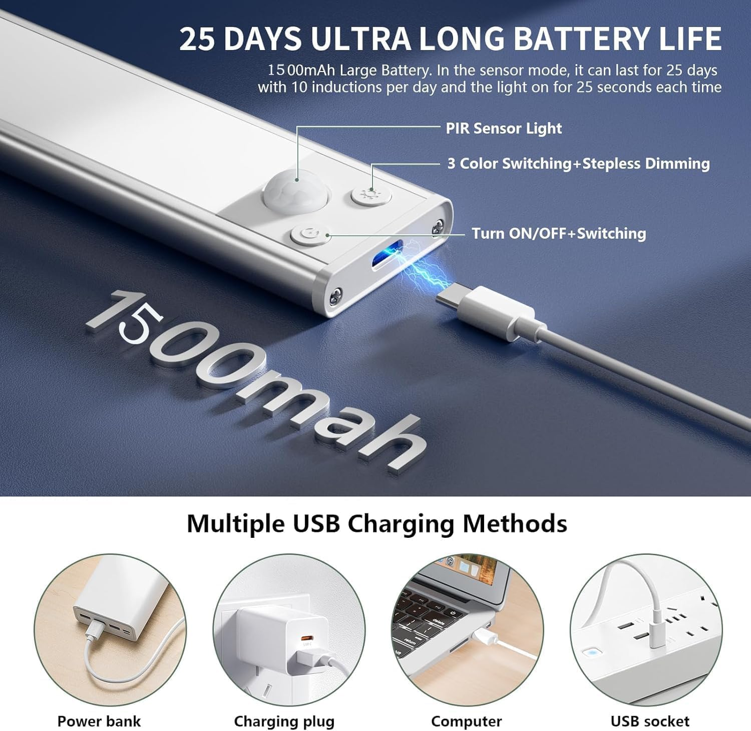 Under Cabinet Lighting, JOZUTTOW 4-Pack Motion Sensor Closet Lights, Wireless USB Rechargeable Led Light Bars, Sensor Night Lights for Drawers, Wardrobe, Cupboard, Stairs, Hallway, Kitchen (20CM)