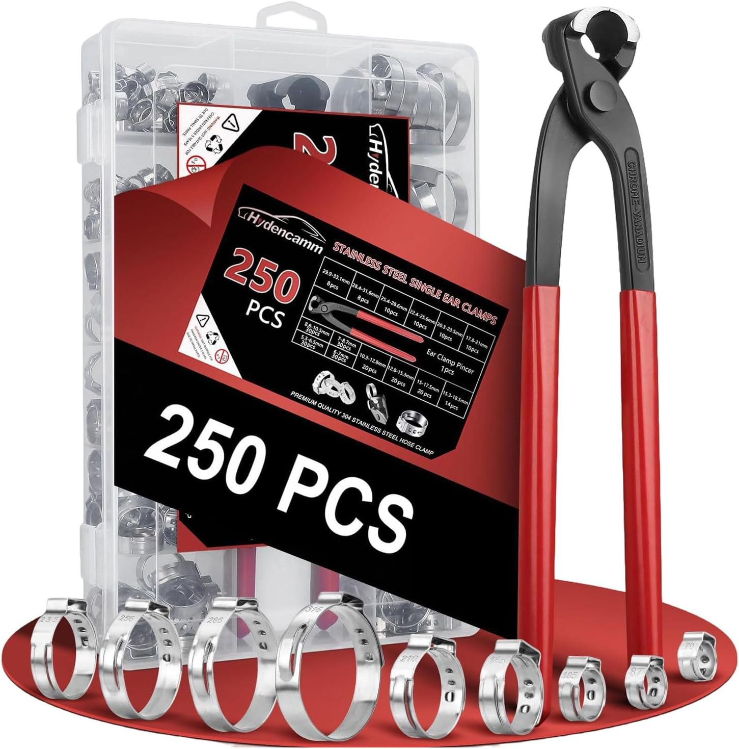 250 PCS 14 Sizes Single Ear Hose Clamp, 5.3-33.1Mm 304 Stainless Steel Ear Clamp Kit with Ear Clamp Pincer, Stepless Hose Clamps Cinch Rings for Automotive, Home Appliance Line and Plumbing image number 5