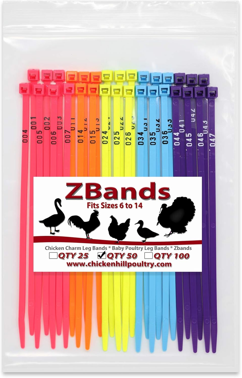 Chicken Hill 50 Zband Numbered Poultry Leg Bands Fluorescent ~ Fits Sizes 6 to 14 image number 3
