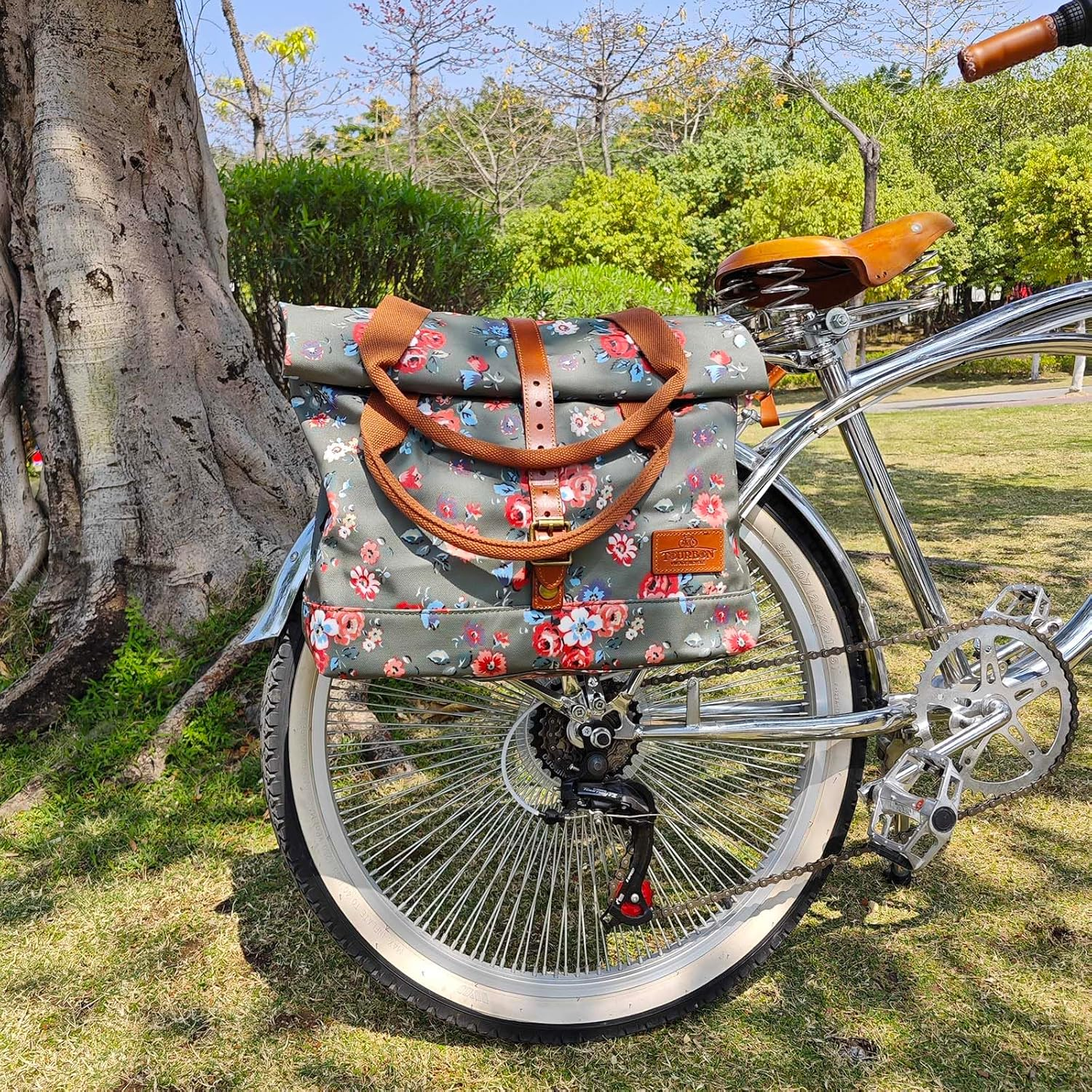 TOURBON Canvas and Leather Roll-Top Clip-On Bicycle Panniers Women'S Shoulder Tote Bag image number 4