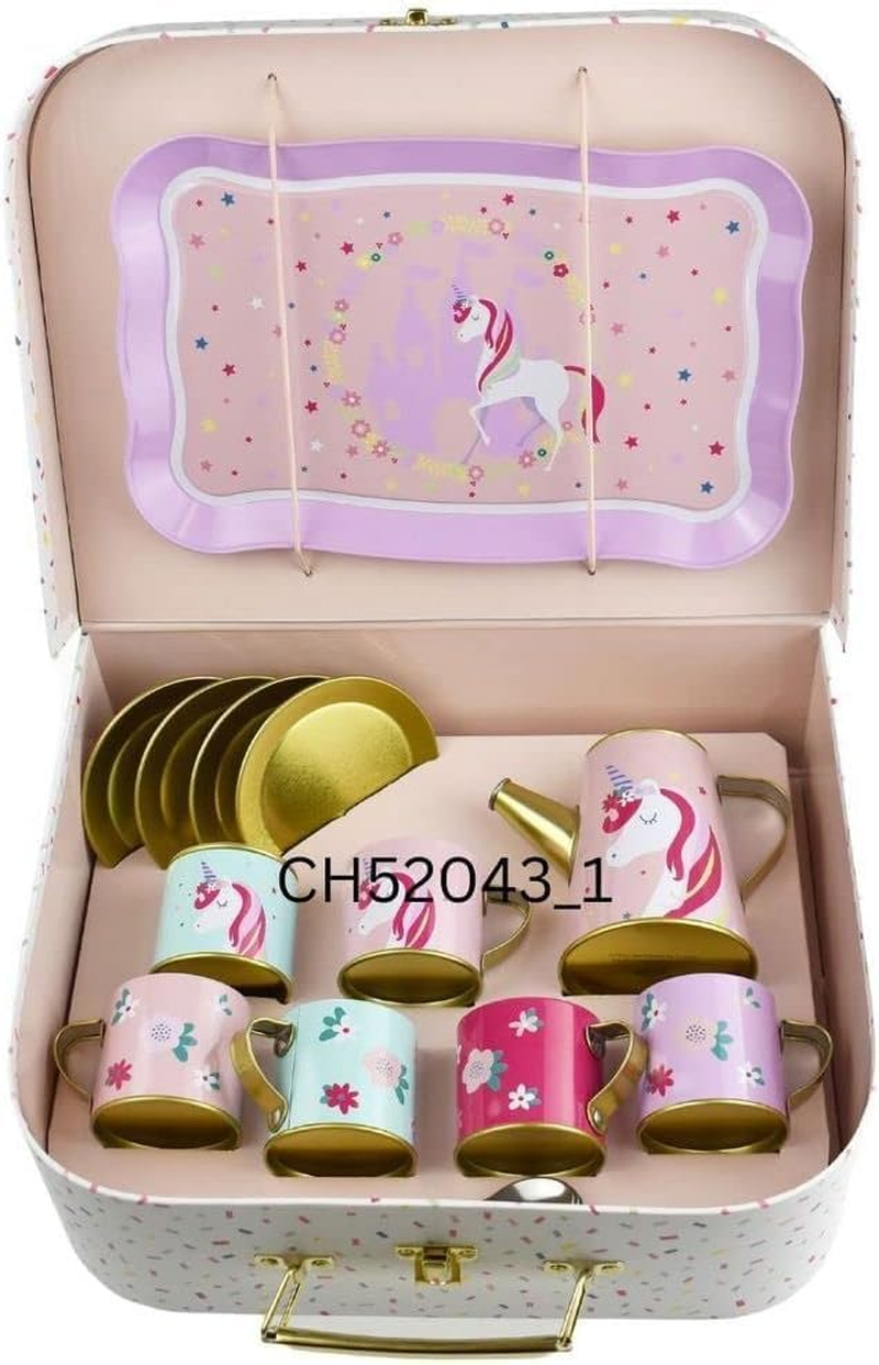 Kaper Kidz DELUXE UNICORN TIN TEA SET in Suitcase 18-Piece: Perfect Pretend Play Tea Party Fun!