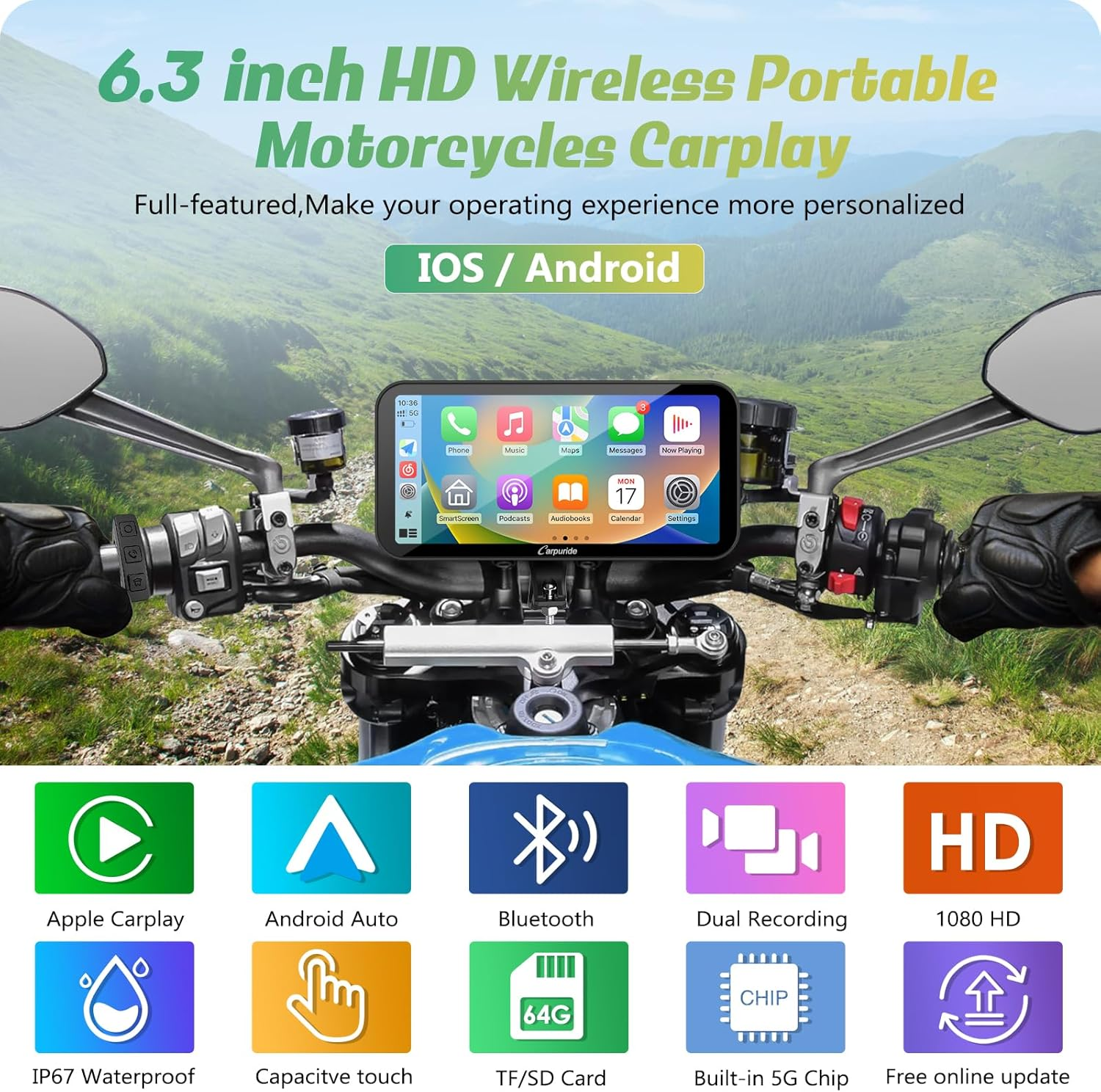 Carpuride W603D Motorcycle GPS Carplay Screen, Wireless Carplay & Android Auto for Moto, with HD 1080P Dual Cameras, Remote Control，6.3" Waterproof Touchscreen, BT Aduio, Loop Recording, Navigation image number 1