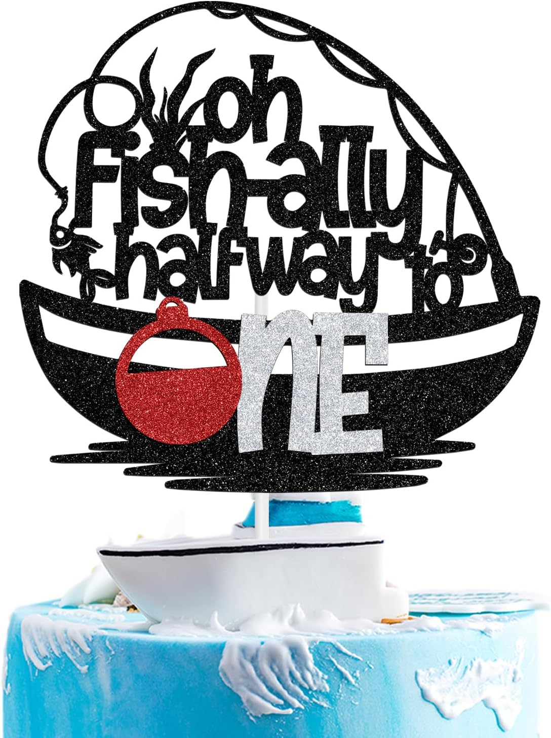 Little Fisherman Half Way to One Birthday Cake Topper, Boy Fishing Birthday, Lakeside Party, 6 Months, Happy 1/2 Birthday, Baby Shower Party Decorations Supplies, Blue Glitter image number 3