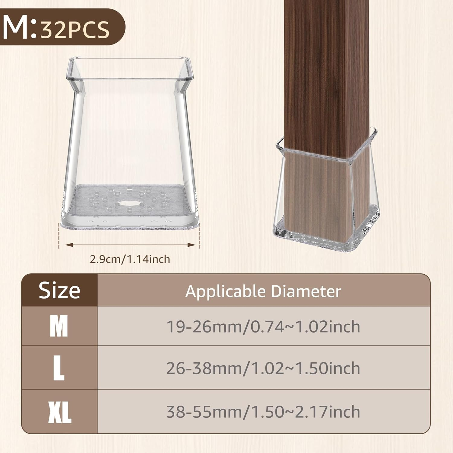 32 Pcs Chair Leg Floor Protectors, Square Silicone Felt Furniture Pads, Wear Resistant Furniture Leg Pads Caps Covers, Chair Leg Protectors Protect Wooden Floors from Scratching (Clear, M) image number 6