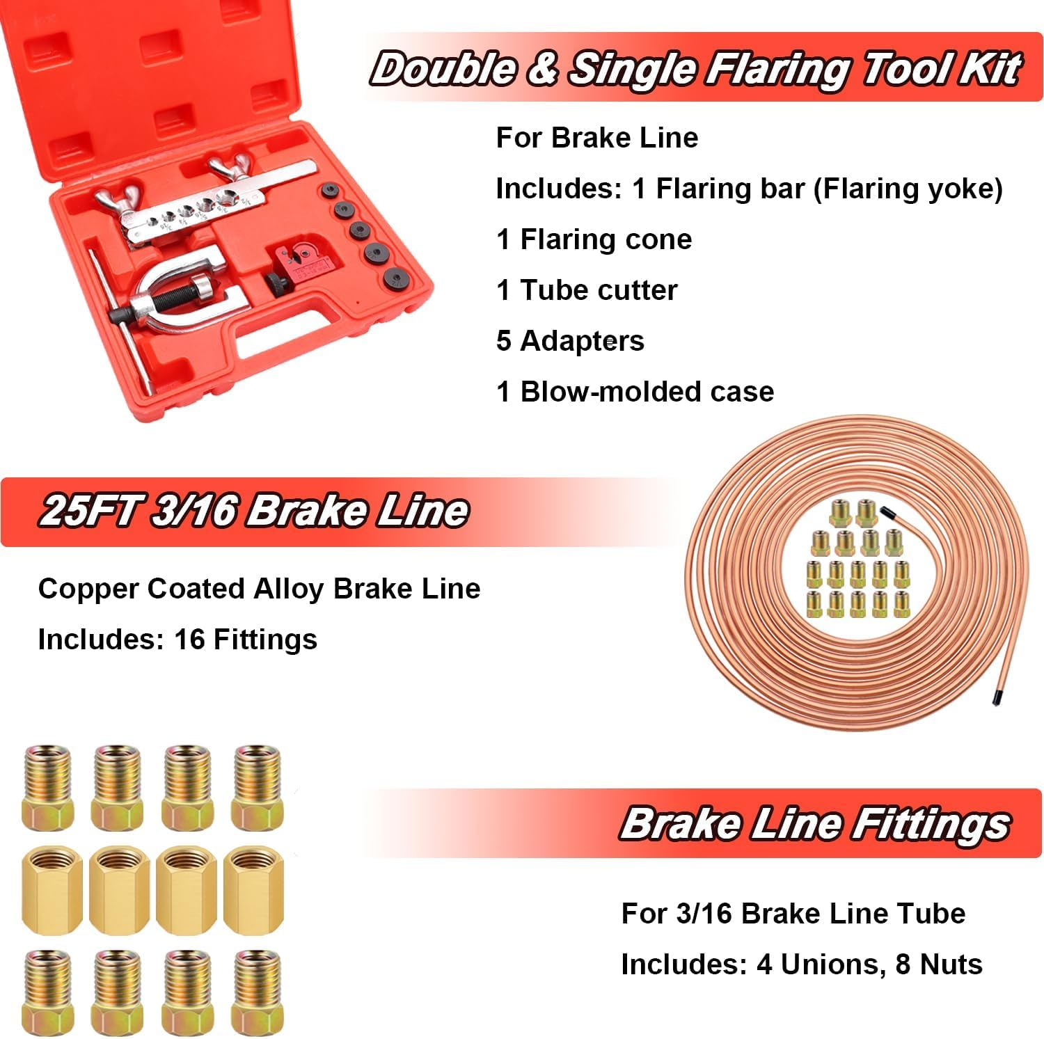 3/16 Copper Coated Brake Line Kit 25 Ft + Copper Aluminum Brake Line Double & Single Flaring Tool Kit,Consisting of 4 Unions Brake Line Fittings and 16 Fittings,45 Degrees