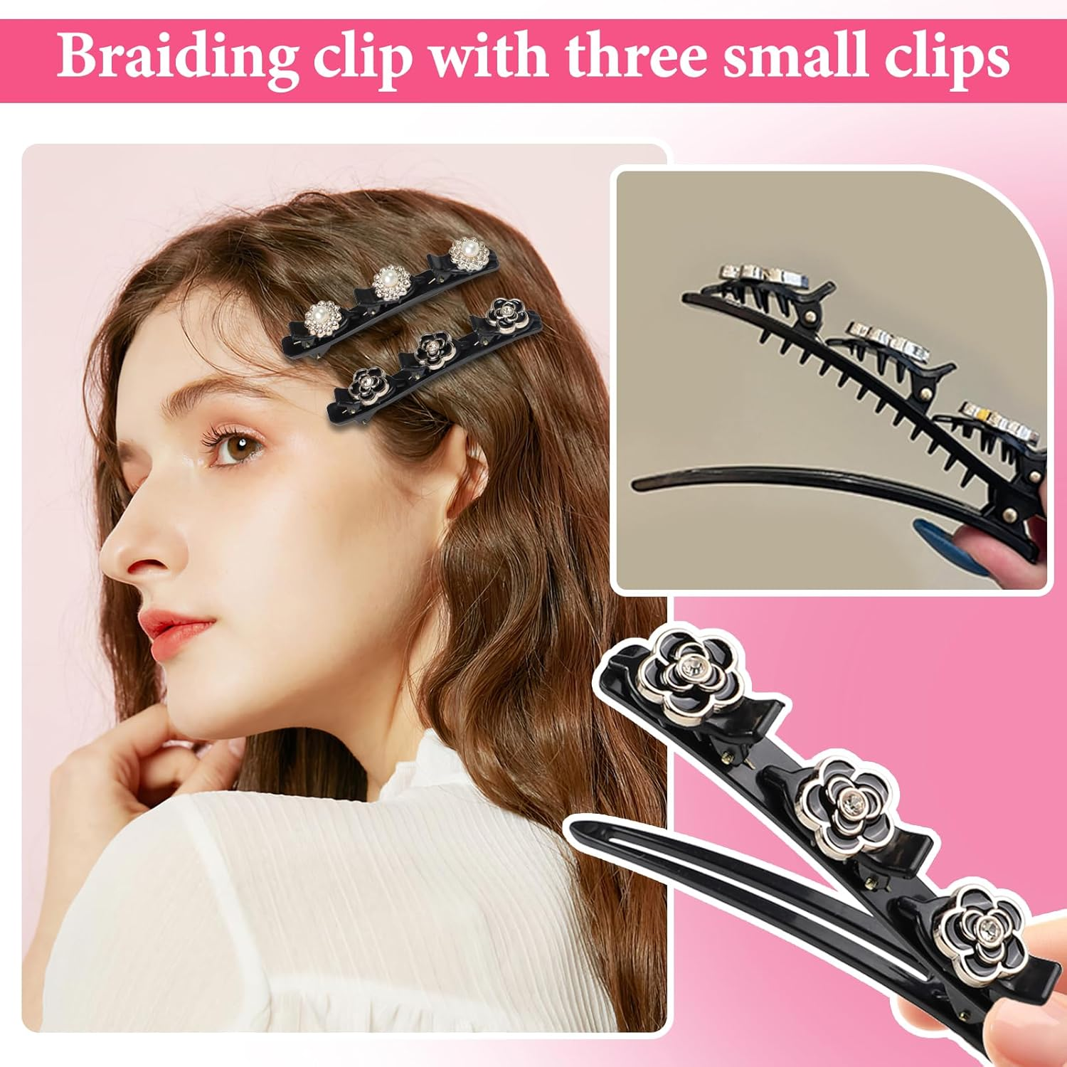 Pack of 5 Hair Clips with 3 Clips, Hummingbird Hair Clip with Pearl Sparkling, Double Layer Braided Hair Clip for Women, Girls, Children, 1 Headband with Clips image number 4