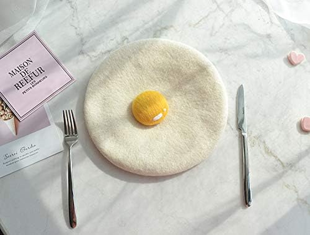 Manual Wool Egg Yolk Beret Lovely Gift for Winter Poached Egg Berets Cap Hat for Women Girls White