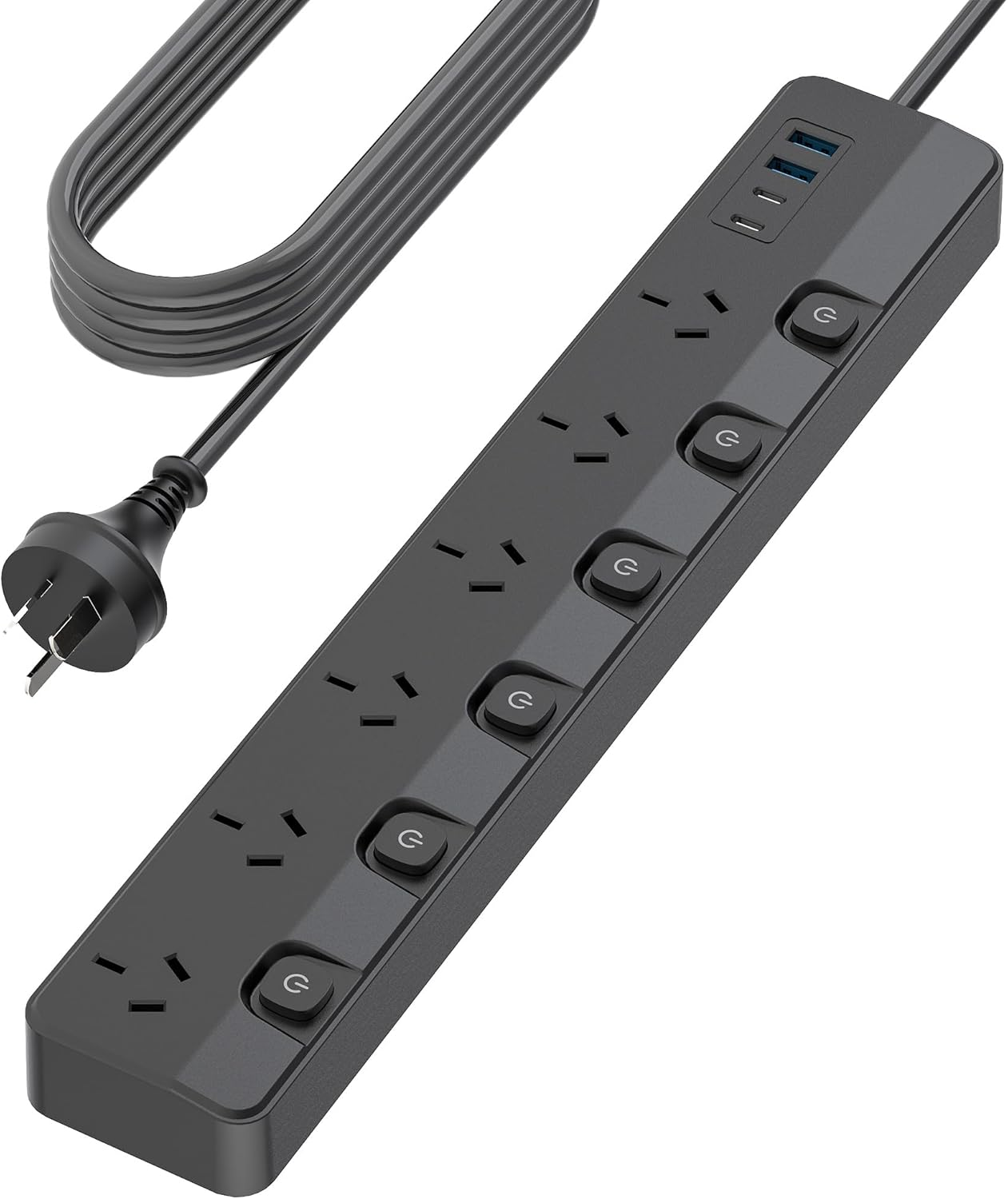 Power Board Individual Switch, Powerboard with 6 AC Outlets 4 USB Ports (2 USB C), 900J Power Board Surge Protected, SAA Certified, 2M Extension Cord for Home and Office, Black