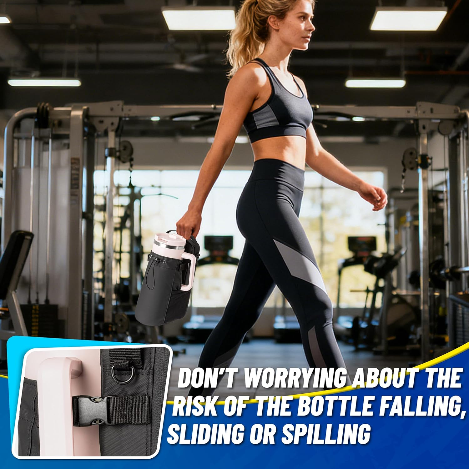 Hilhook Magnetic Gym Bag, 5 Built-In Strong Magnets Gym Water Bottle Carrier Bag with Pockets & Shoulder Strap Compatible with Owala Hydro Flask Stanley, Fits 14-40Oz Bottles image number 4