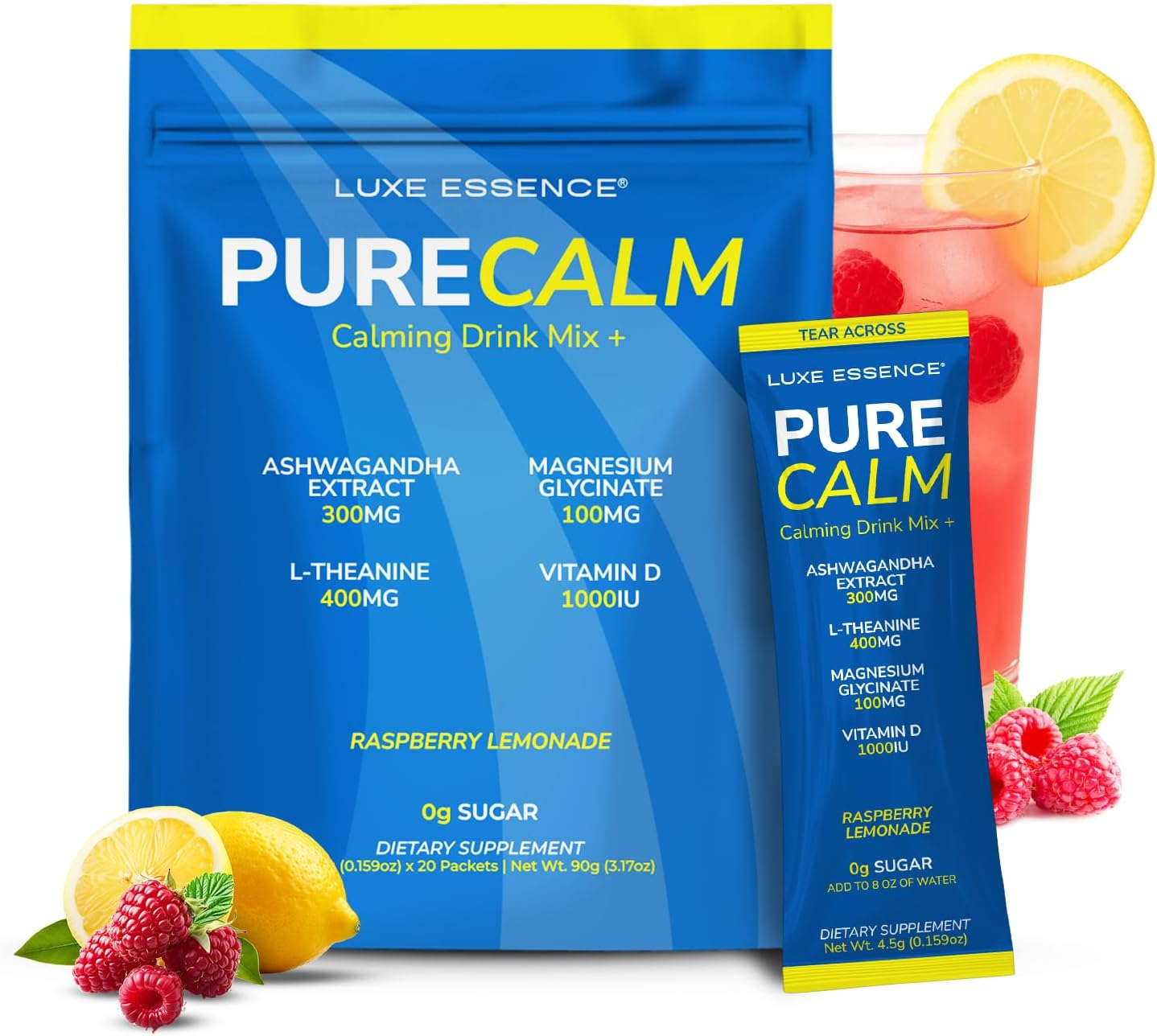 Purecalm Magnesium Drink Mix | Magnesium Glycinate with Ashwagandha, L-Theanine & Vitamin D | Sugar-Free Electrolyte Blend | Raspberry Lemonade Flavour | 20 Stick Packs image number 1