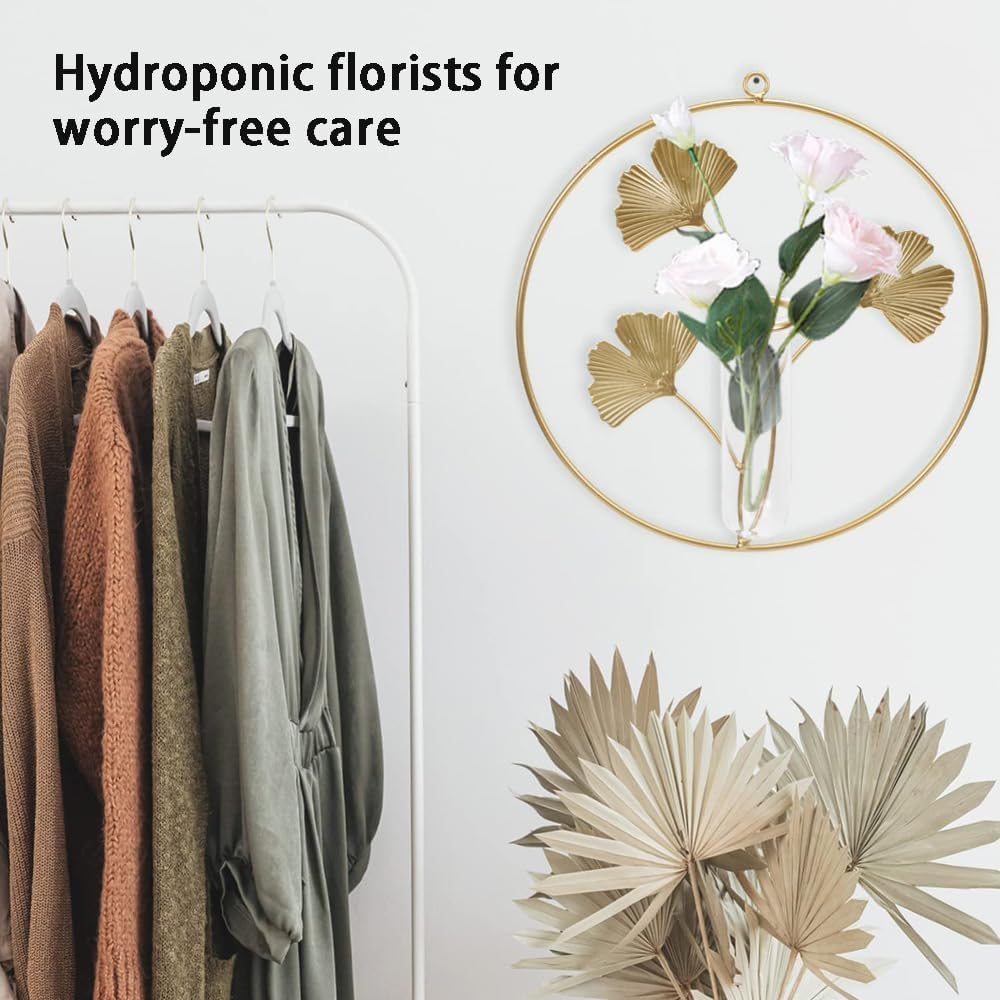 Hydroponic Vase Wall Mount Planter Metal round Wall Decor Air Plant Terrarium Air Plants Wall Mounted Flower Vase Desktop Glass Planter Desk Topper Leaves Dried Flowers Iron image number 2