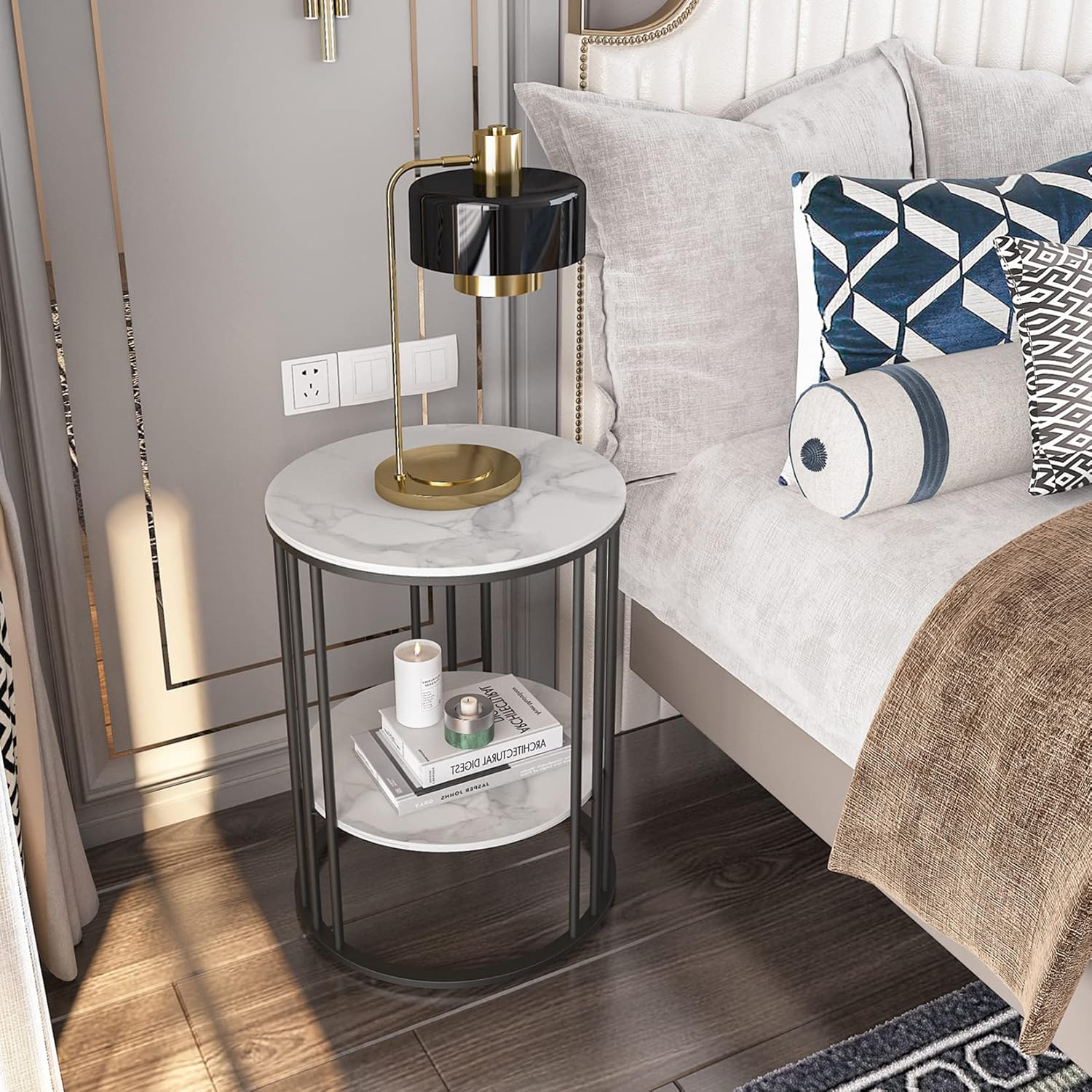 Marble Top Side Table Black: Small Circle End Tables 40 X 54Cm Sintered Stone Bedside with Metal Black Legs Modern White Nightstand 2 Tier round Sofa Side Table for Bedroom Living Room Furniture - Black image number 4