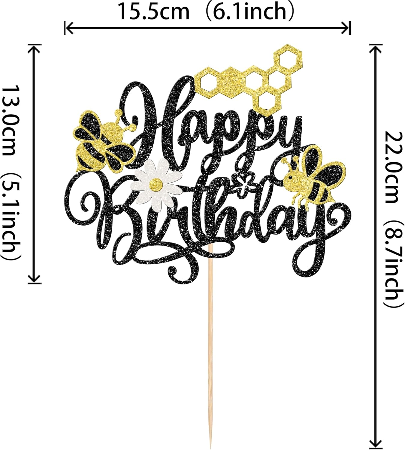 SYKYCTCY 1 Pack Bee Flower Happy Birthday Cake Topper Glitter Honeycomb Cake Pick for Bee Theme Baby Shower Kids Birthday Party Cake Decorations Supplies Black image number 6