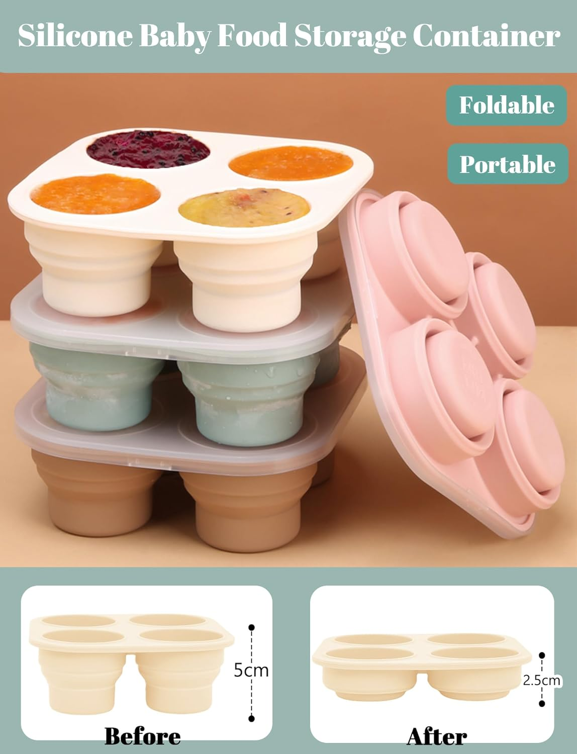 Stackable Baby Food Storage Containers with Lid Perfect Silicone Baby Food Freezer Tray Baby Breastmilk Popsicle Molds for Teething DIY Homemade Baby Food, Vegetable & Fruit Purees White image number 4