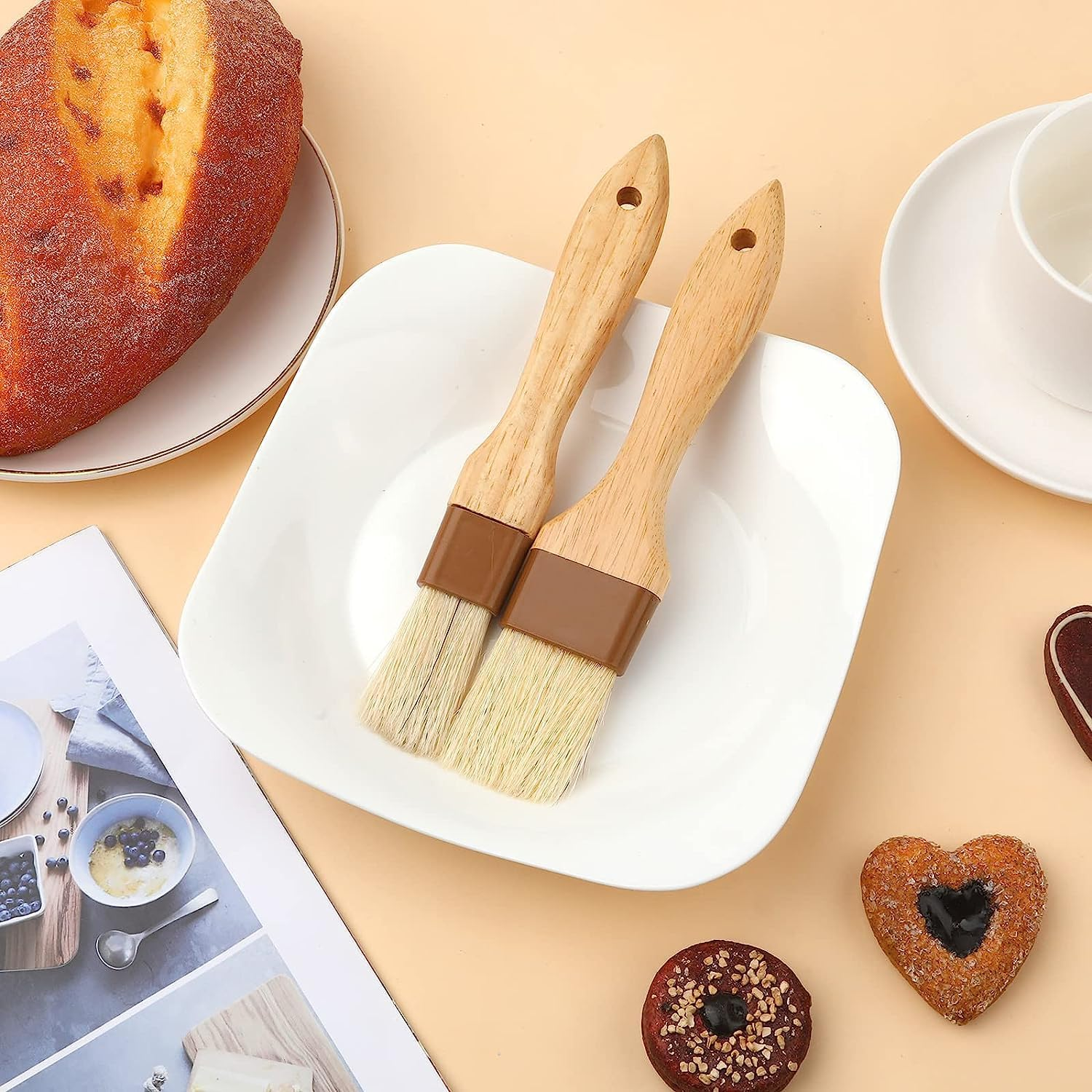 2Pcs Natural Bristle Basting Brushes Kitchen Oil Brushes Baking Cooking Oil Brushes,Boar Bristle Brushes BBQ Brushes,Pastry Basting image number 1