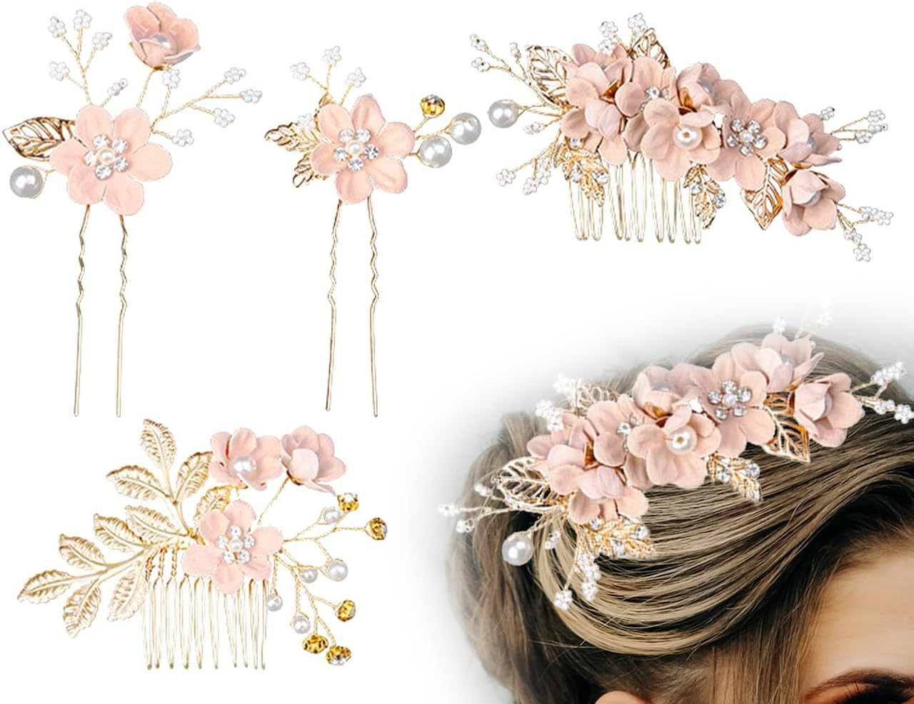 KAPSING Set of 4 Bridal Hair Accessories Wedding Rhinestone Hair Combs Floral Bridal Headpiece Pearl Flower Bridal Hair Accessories Handmade Bridal Hair Comb Hair Clip image number 5
