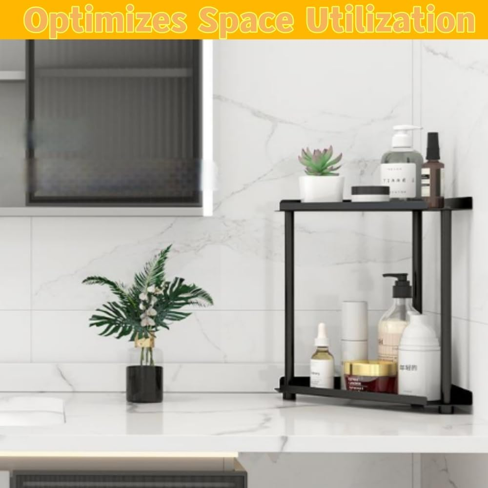 2 Tier Bathroom Counter Organizer, Vanity Organizer Corner Storage Shelf, Skincare, Makeup Countertop Organizers, Perfume Organizer,Vanity Tray Black Counter Storage for Kitchen,Bathroom image number 1