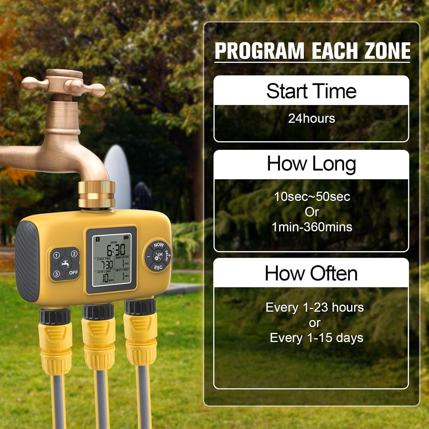 Hyuduo 3 Outlet Sprinkler Timer, Irrigation Timer with Brass Inlet, Programmable Hose Timer, Rain Delay Manual Automatic Watering Controller for Yard Lawn image number 5