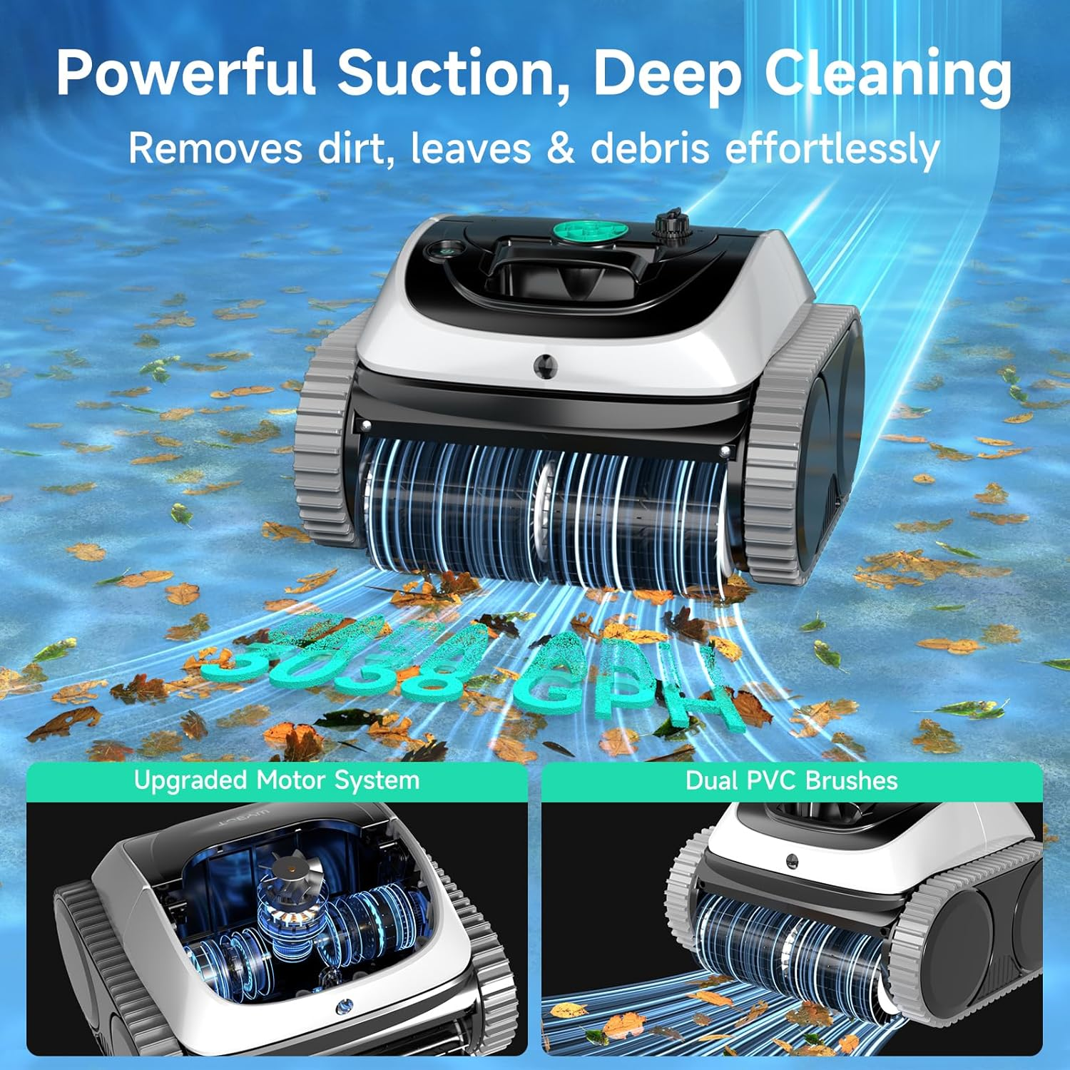 WYBOT C1 Cordless Pool Cleaner, Wall & Waterline Cleaning, Pool Vacuum Robot with Smart Route Planning, 150 Mins Runtime, for Inground Pools up to 150㎡ (Blackwhite & Green) image number 6