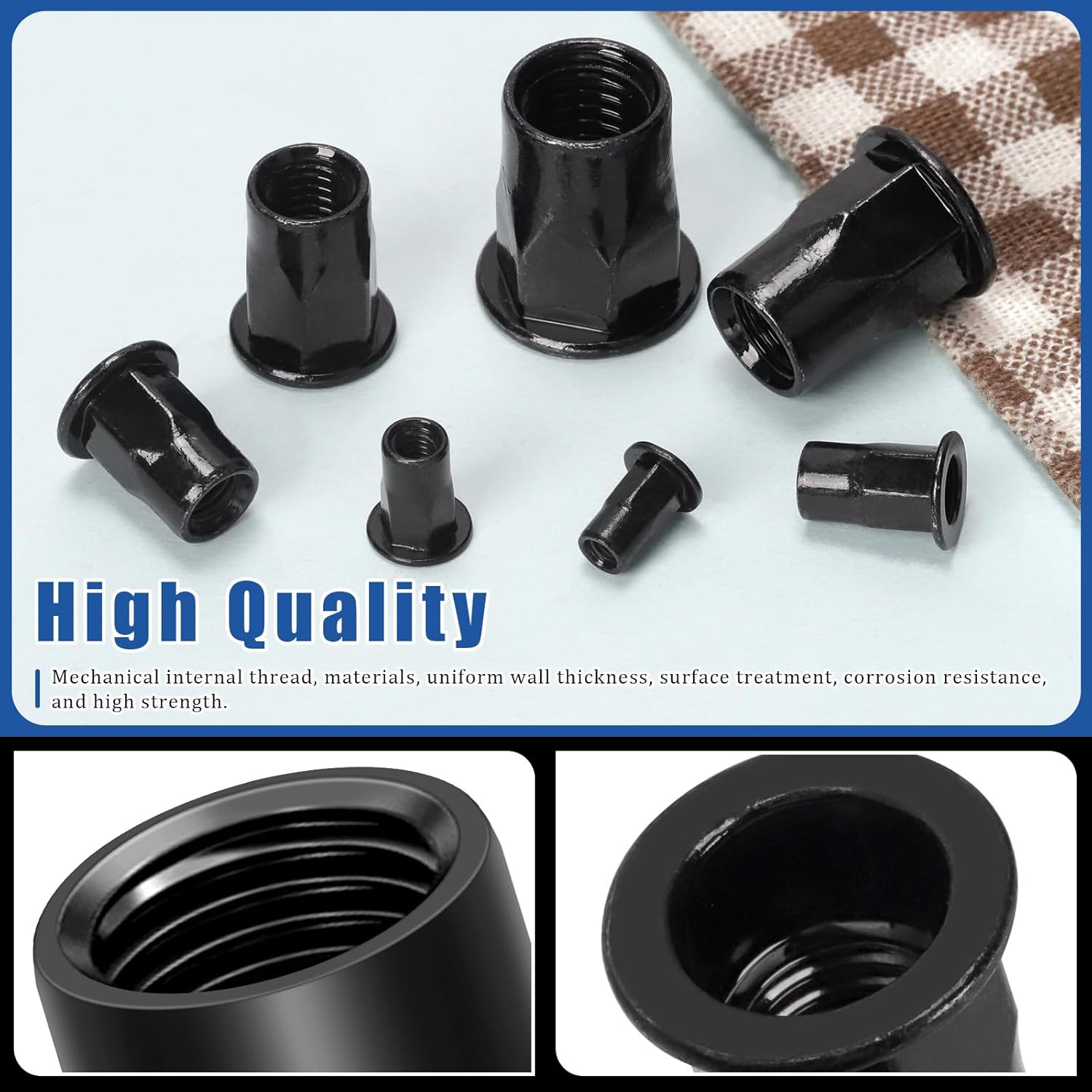 Glarks 250Pcs Thread Half Hexagonal Rivet Nuts Set M3 M4 M5 M6 M8 M10 M12 Black Zinc Plated Carbon Steel Flat Head Rivnut Threaded Insert Rivet Nuts for Construction Industrial