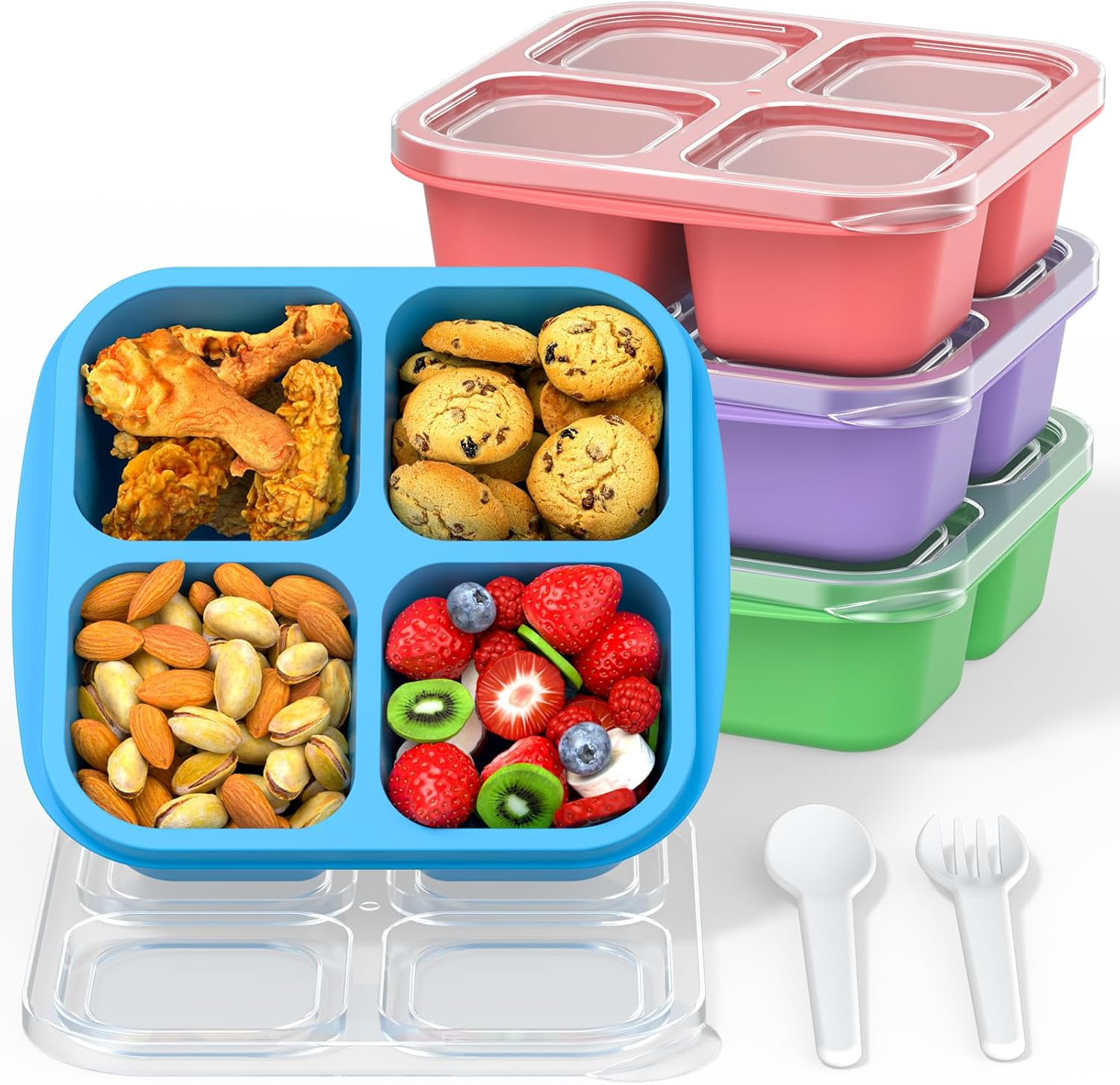 Bento Snack Boxes (4 Pack)- Reusable 4-Compartment Meal Prep Containers for Kids and Adults, Perfect Food Storage School, Compact Stackable (Wheat(Green/Blue/Pk/Beige))