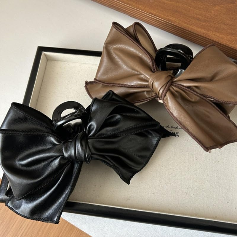 BSLVWG Hair Claws with Bow Black Leather Large Hair Bows for Women Brown Large Hair Clips Non-Slip Strong Hold Hair Accessories for Thin Medium Thick Stylish Hair Clips image number 6